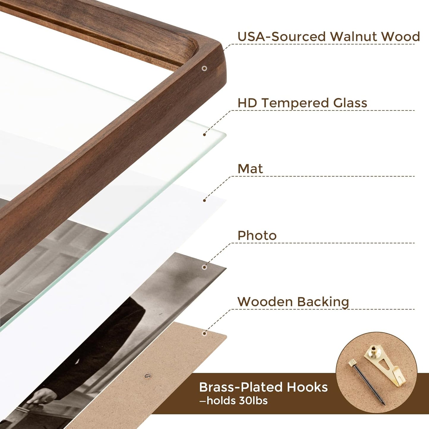 16x20 Frames USA-Sourced Natural Walnut Wood Solid Wood Picture Frame Handcrafted Rounded Corner with Mat to 11x14 Display with Real Glass Family Picture, Wedding Picture