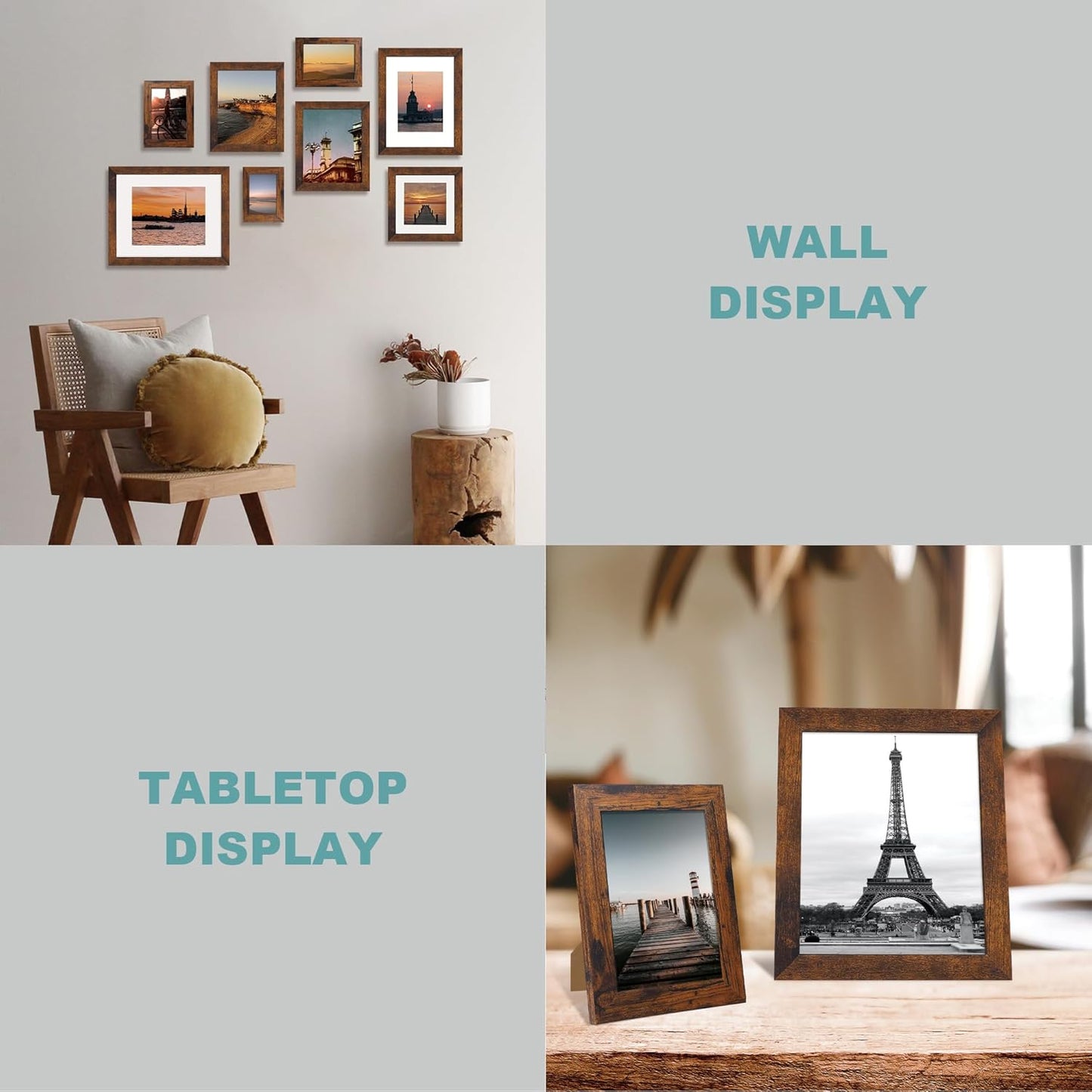 12x12 Picture Frame Set of 4 with Tempered Glass, Rustic Frame Display 10x10 Pictures with Mat or 12 x 12 Without Mat, Wood Square Photo Frames for Desktop Display and Wall Mounting