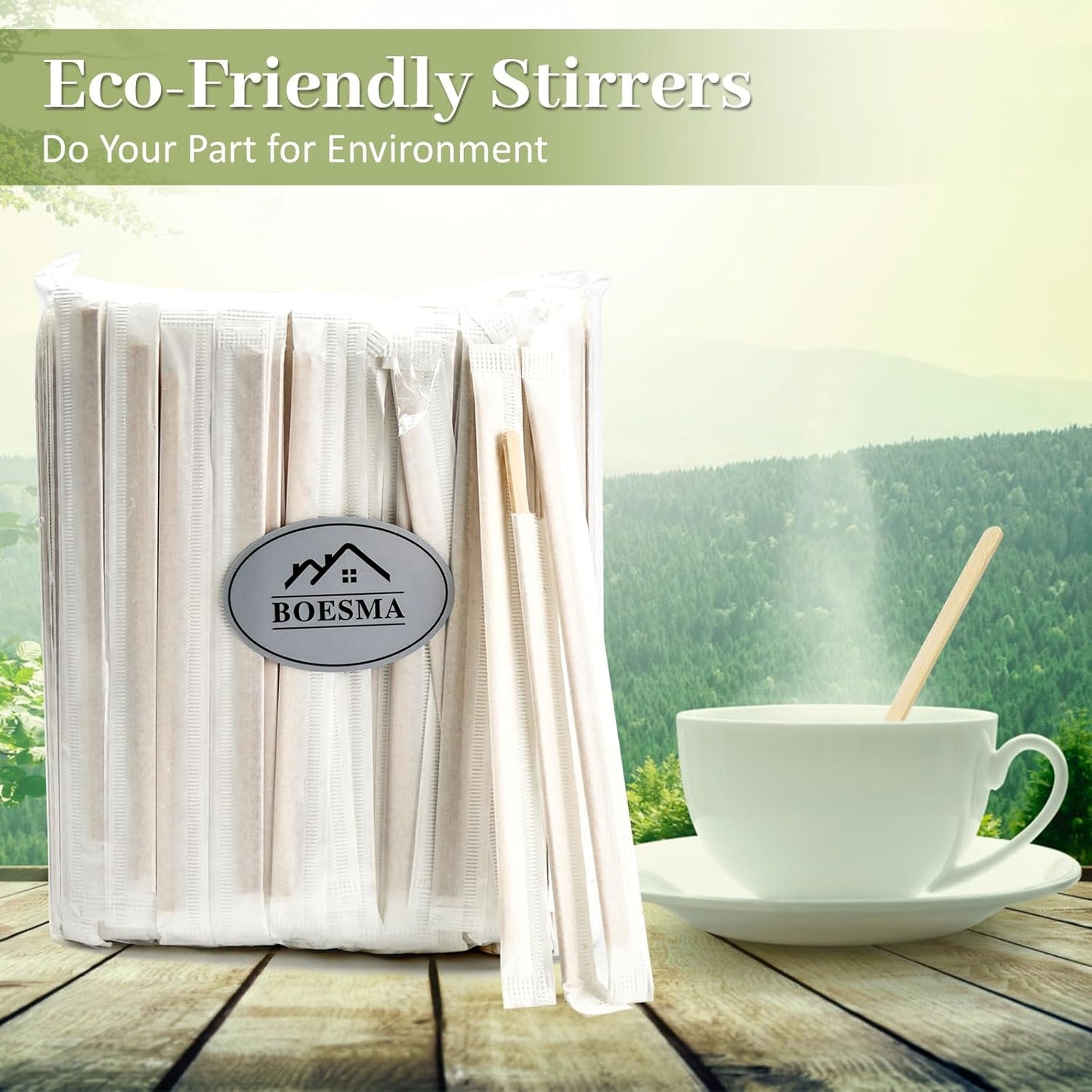 500Pcs Bamboo Coffee Stirrers Individually Wrapped – Coffee Stir Sticks 5.5 Inch, Stir Sticks For Coffee Bar, Disposable Stir Sticks for Coffee and Cocktail