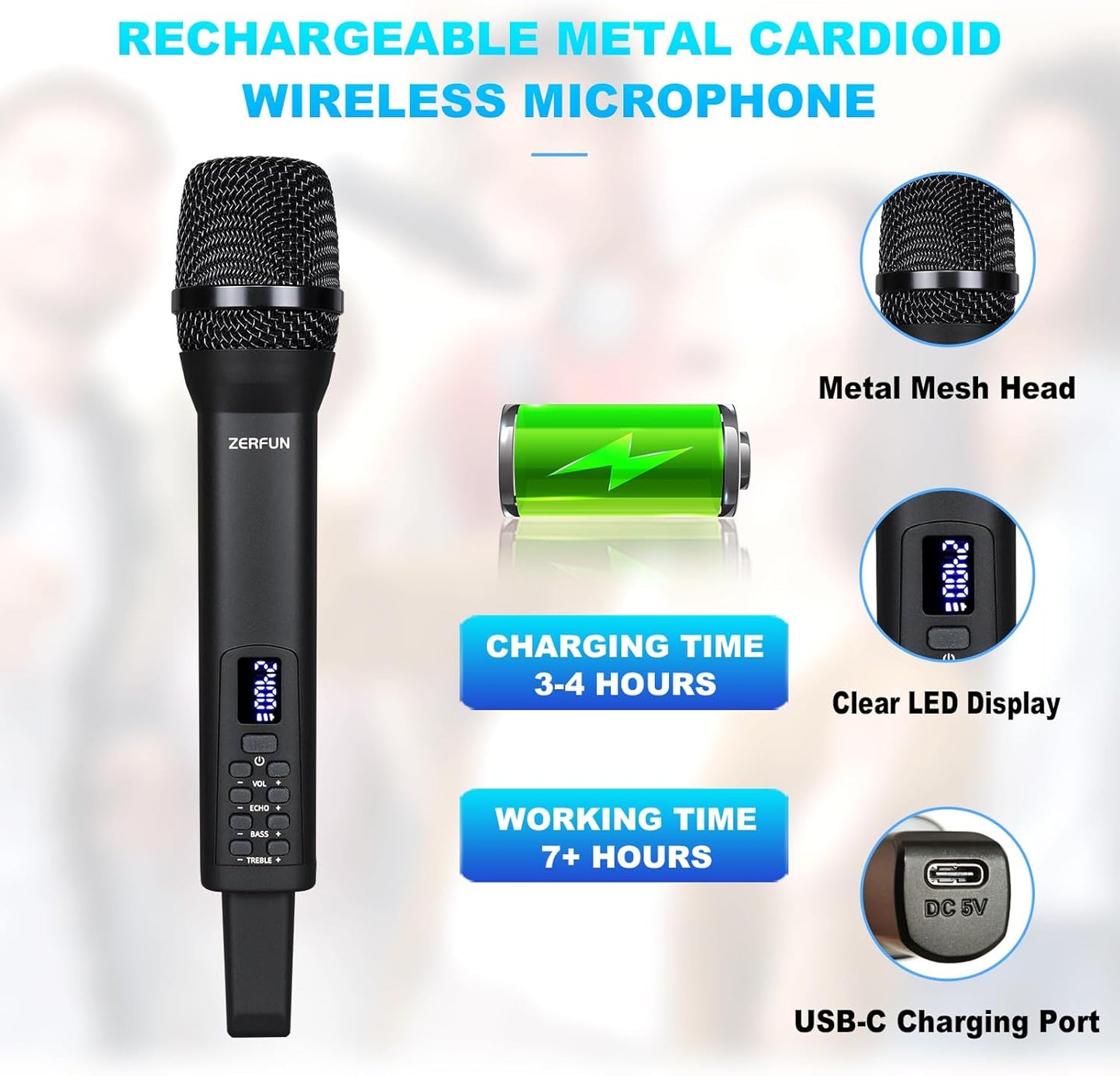 Rechargeable Wireless Microphone, Pro Handheld Cordless Mic System with Echo Treble BASS VOL Control for Karaoke Singing Church Party, 1/4'' Output, Black