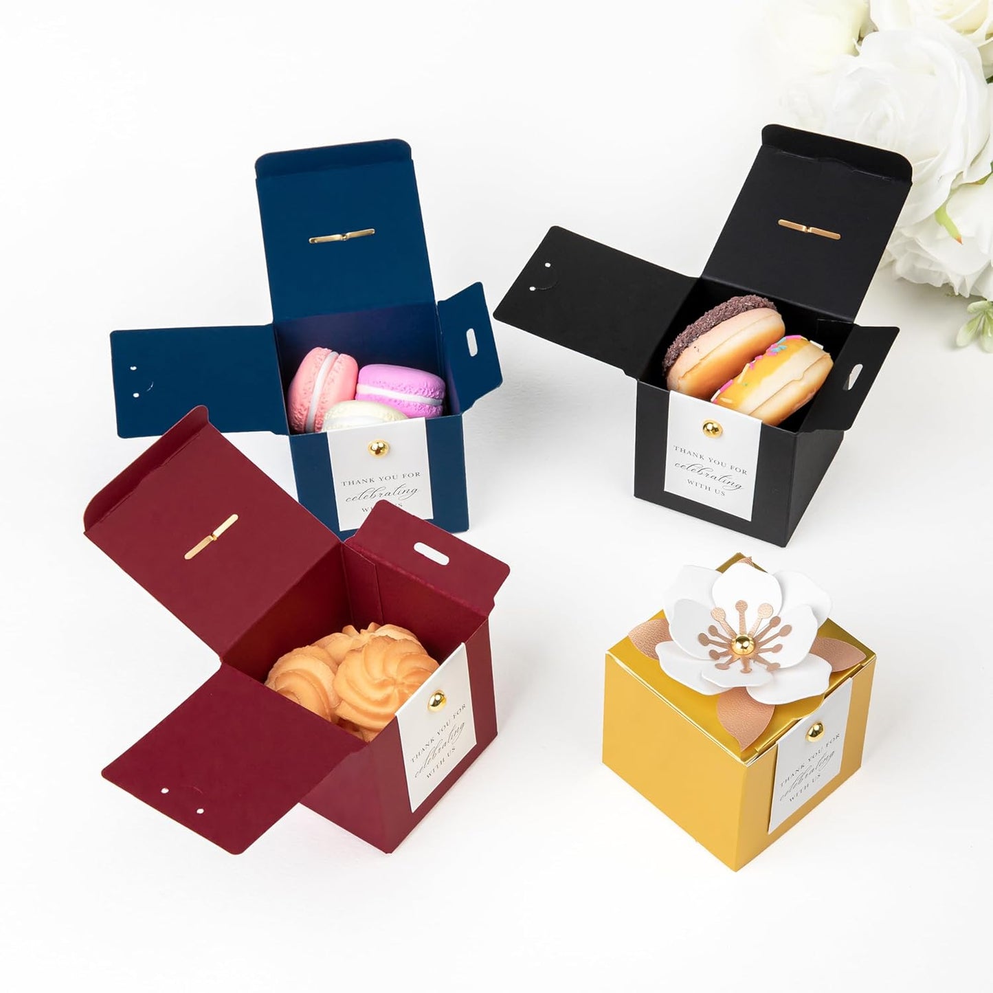 FEIYI 20 PCS Candy Boxes, 3 In 1 Navy Blue Favor Boxes with Floral Decor, White Thank You Tags Gift wrapping for Wedding Birthday Baby Shower Decorations Party -2.55x2.55x2.55''