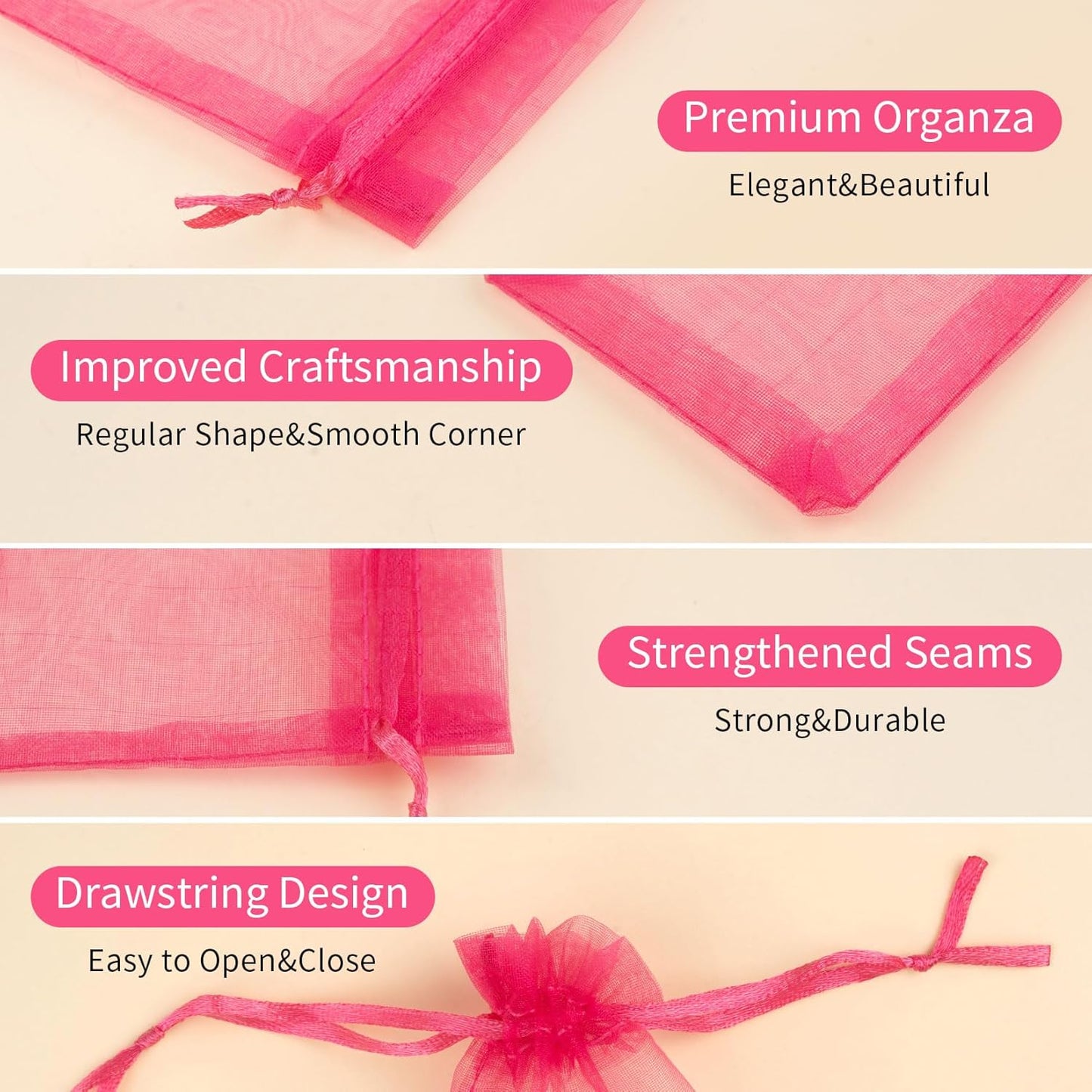 50 Pcs Hot Pink Organza Gift Bags 6x9 Inch, Mesh Bags Drawstring Jewelry Pouch Bags Goody Bags for Candy Wedding Party Favor