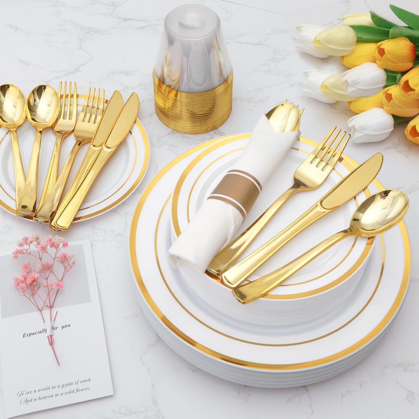 Goodluck 700 Piece Gold Plastic Dinnerware Set for 100 Guests, Disposable Plates for Party, Include: 100 Dinner Plates, 100 Dessert Plates, 100 Pre Rolled Napkins with Silverware, 100 Cups