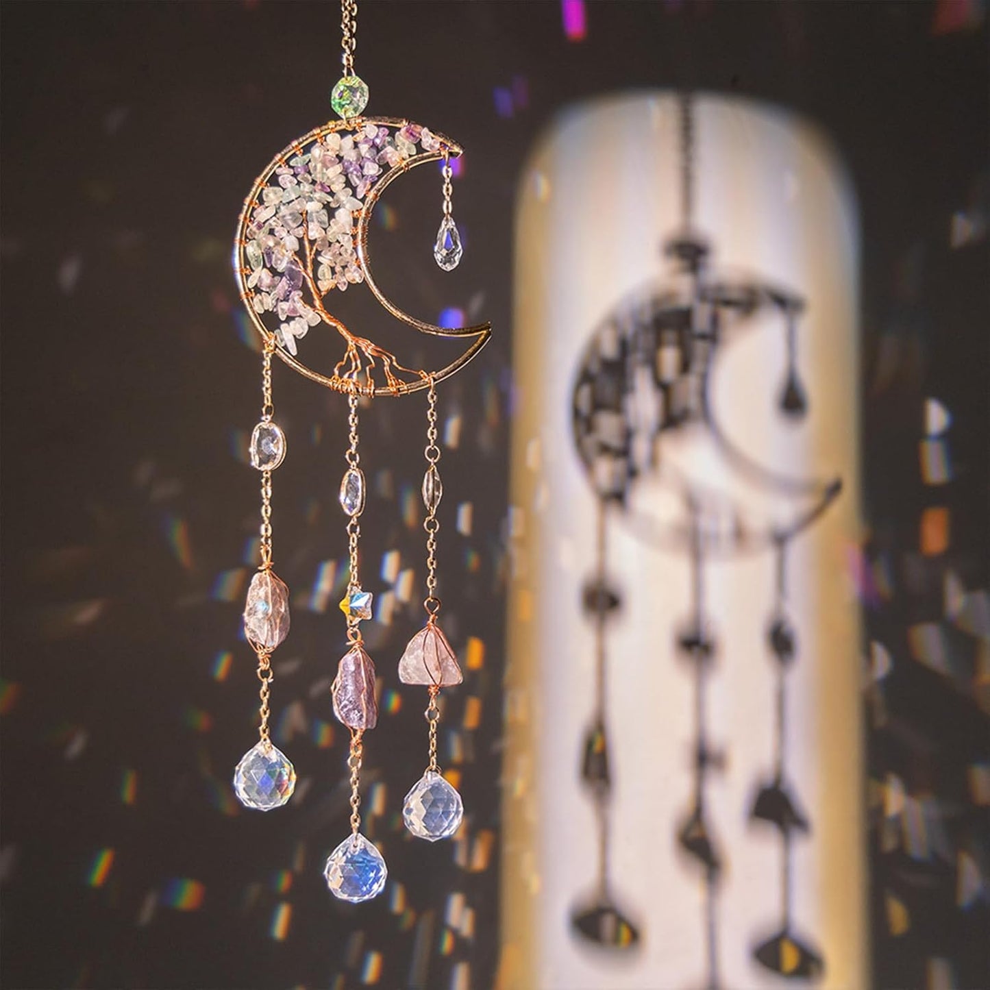 TUOKING Crystal Moon Suncatchers for Window Hanging Tree of Life Natural Healing Stones Wind Chimes Sun Catcher Rainbow Maker Good Luck Gifts Decor for Home Garden