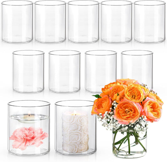 4 Inch Small Glass Cylinder Vases for Centerpieces | 12pcs Clear Flower Vase for Wedding Decorations, Floating Candle Vases in Bulk, Hurricane Candle Holders for Table, Home Décor