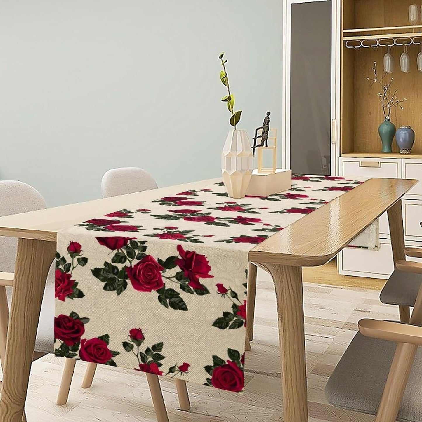 Vintage Rose Table Runner, Red Flowers Green Leaves Valentine's Day Table Runner for Kitchen Dinning Table Runner Decor Home Wedding Party Holiday, 13x120 Inch