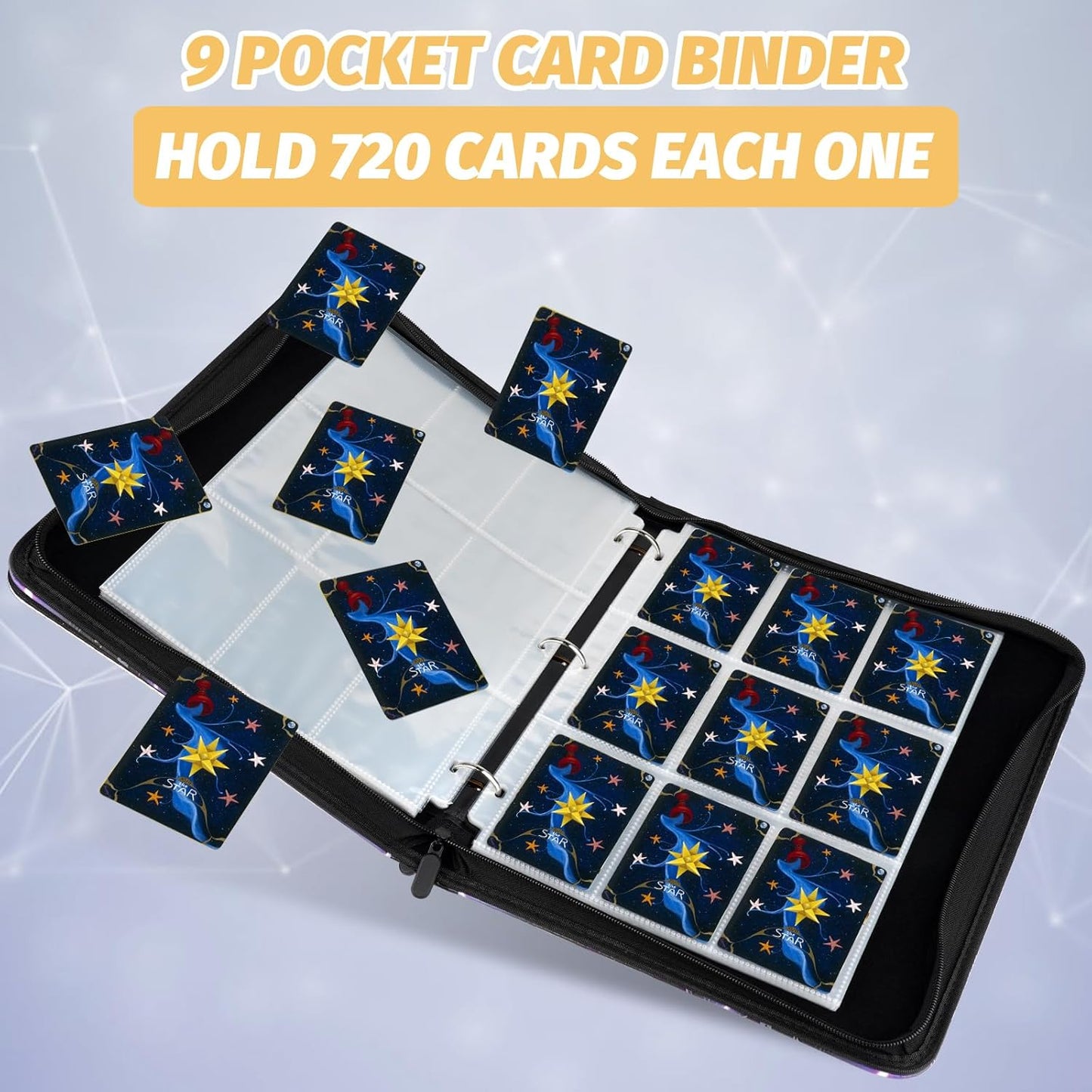 Trading Card Binder, Premium 9 Pocket Card Binder, 720 Double Sided Pocket PU Collection Binder, Collector Album, Card Holder for MTG, TCG, Sports Cards (Black)