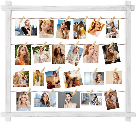 Collage Picture Frame,Photo Display Board,Hanging Pictures Frames with Clips for Graduation Birthday Party,Dorm Photo Card Wall Decor Hanger Holder,Upgraded,Easy To Assemble,Large(White）