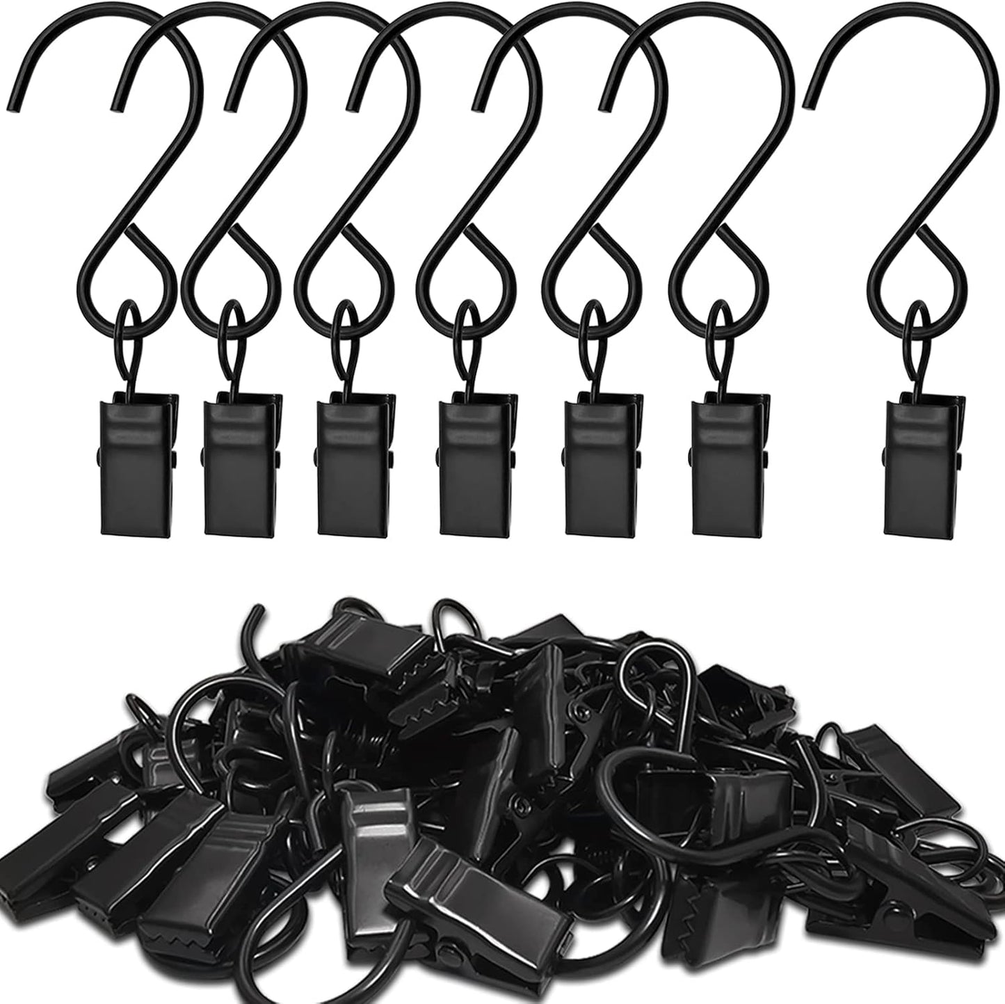 Stainless Steel S Hooks Curtain Clips, 50 Pack Hanging Party Lights Clips, Hangers Gutter Photo, Art Craft Display, 3 Inch Long, Black