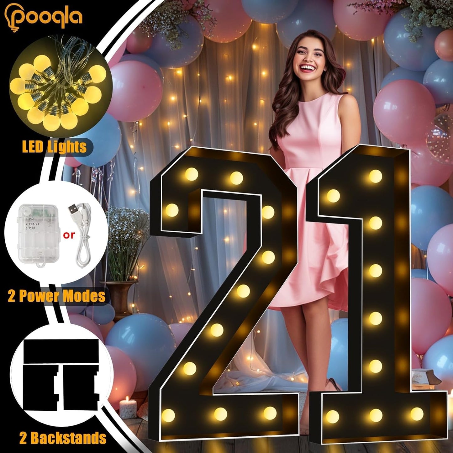 Pooqla 4 FT Light Up Marquee Numbers, Black Letter Big Mosaic Numbers 4 Feet Tall for 1st 16th 21st Birthday, Giant Marquee Number Lights for Balloons Party Anniversary Wedding Decorations, Number 1