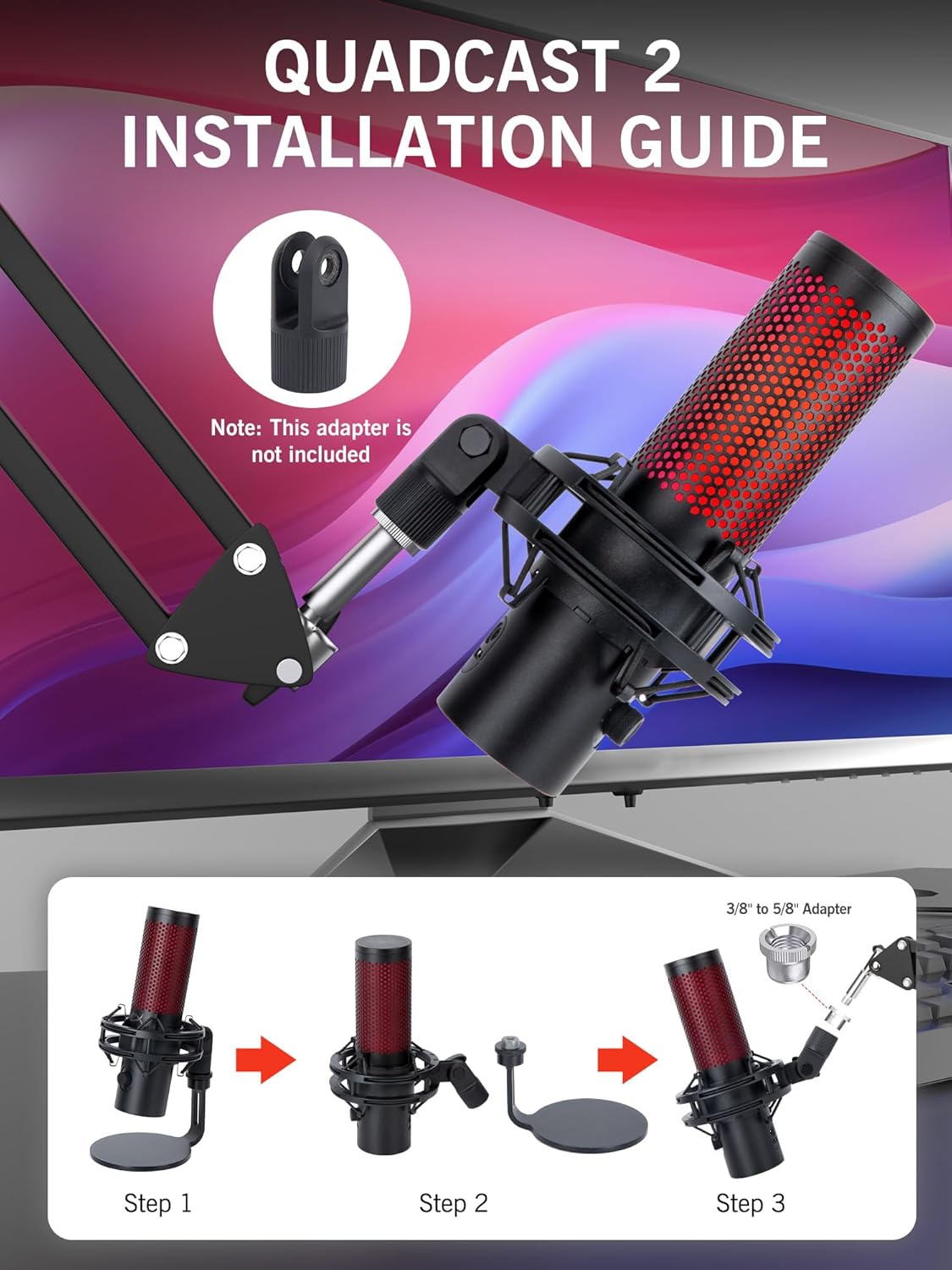 For HyperX QuadCast 2 Boom Arm - Mic Arm Compatible with Hyper x QuadCast, Microphone Boom Arm with Cable Ties, Improve Sound Quality, Mic Boom Arm for Hyperx QuadCast by SUNMON