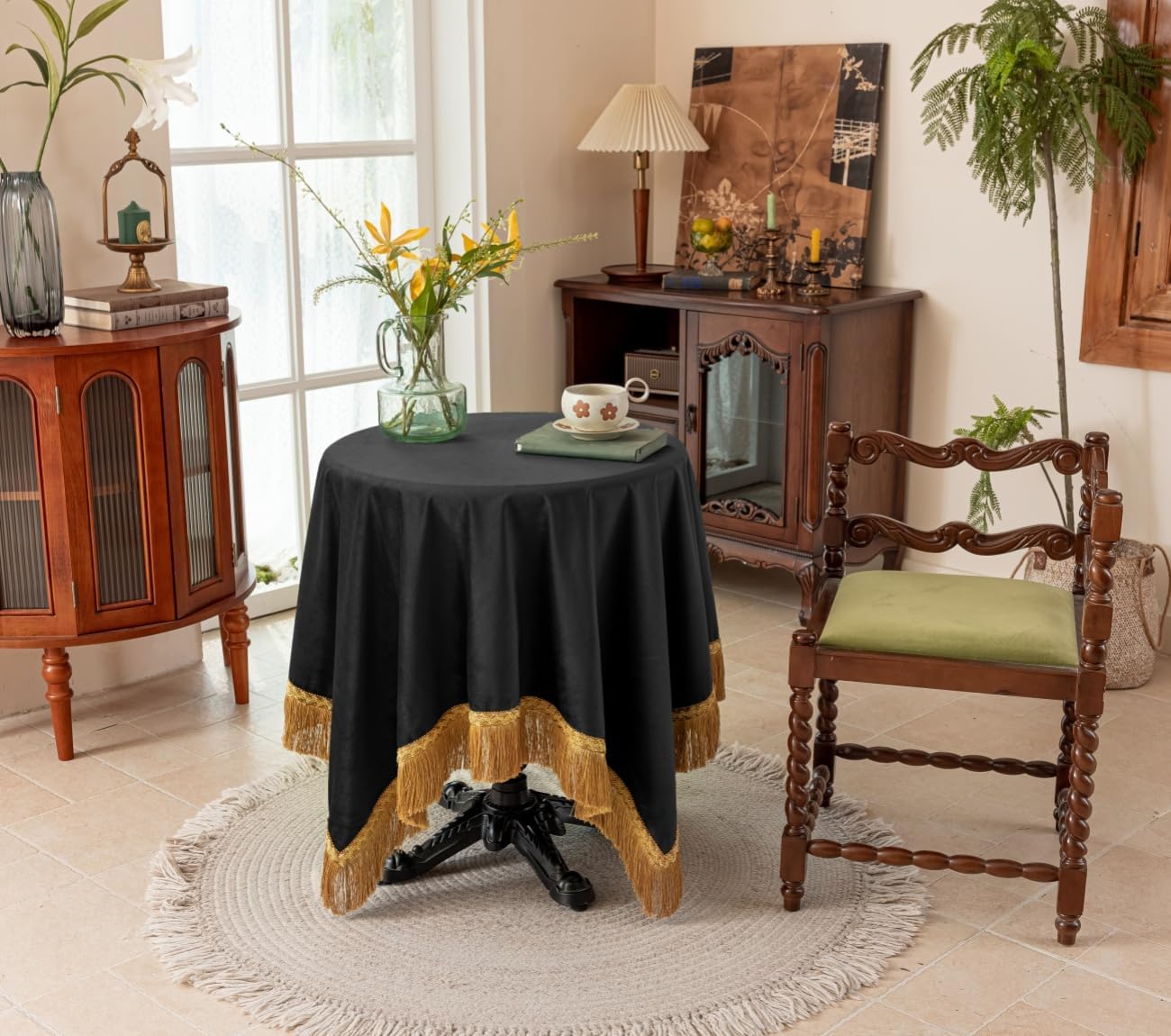 F-CHU Luxury Black Tablecloth Thickset Velvet Tablecloth with Beautiful Gold Tassels Table Cloth for Home Decor Wedding, Party, Banquet and Events 60x86-Inch
