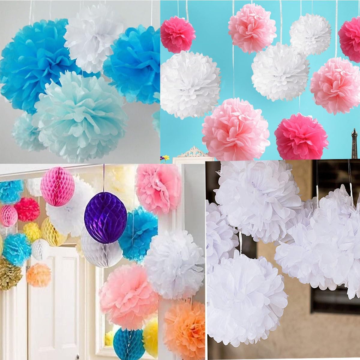 10pcs 8in 10in Paper Pom Poms Blue Tissue Paper Flower Hanging Paper Flower Balls Wedding Party Flower Decorations DIY Art Craft Blooms for Birthday Baby Shower Nursery Decor