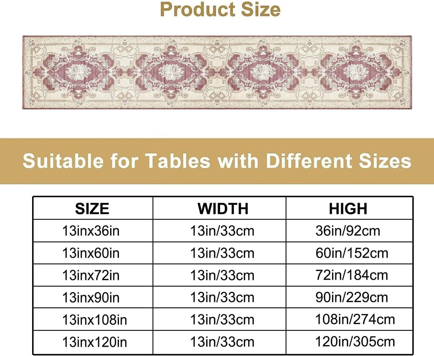 Boho Bohemia Table Runner, Vintage Blue Gold Retro Flower Rustic Country Floral Printed Pattern for Home Kitchen Table Decor Dining Coffee Room Garden Party Wedding Decor 13x120in