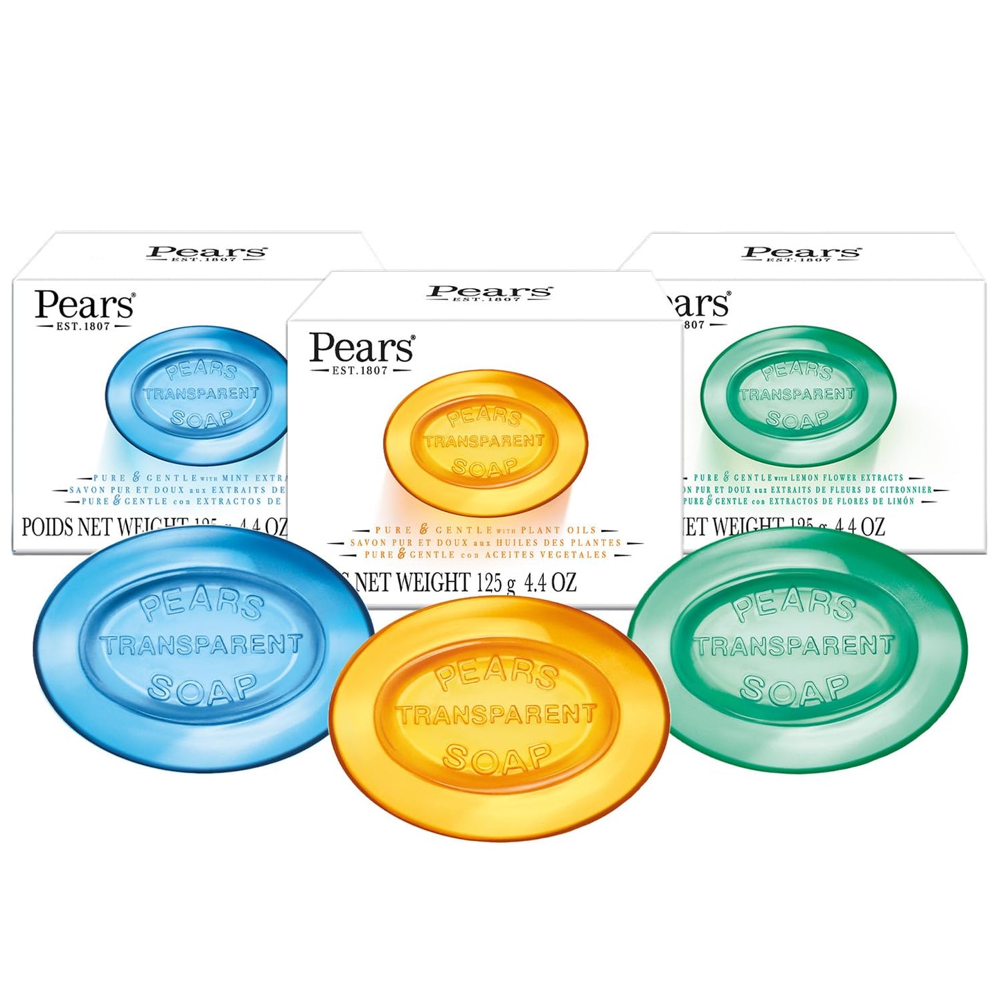 Pears Glycerin Soap Bar Variety 3-Pack, Transparent Green, Blue, and Amber Bars for Soft, Glowing Skin, 3.53 Oz Ea