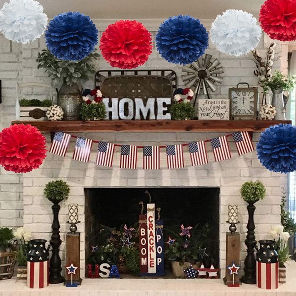 Paper Flower Tissue Pom Poms Party Supplies (red,royal blue,white,12pc)