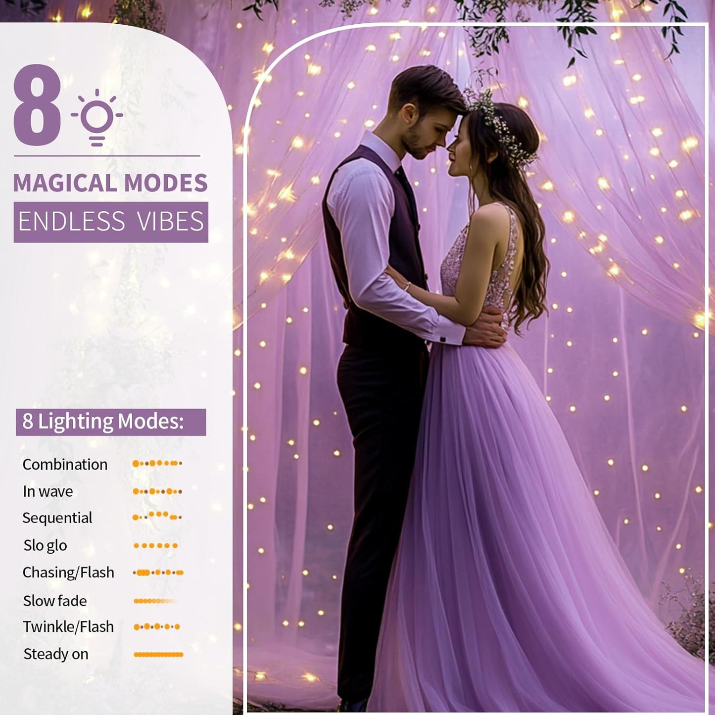 Lavender Tulle Backdrop Curtain with Lights String - 10x8ft Sheer Backdrop with 250 LEDs for Wedding, Baby Shower, Bridal Shower, Birthday Party Photo Shoot Background and Home Decorations