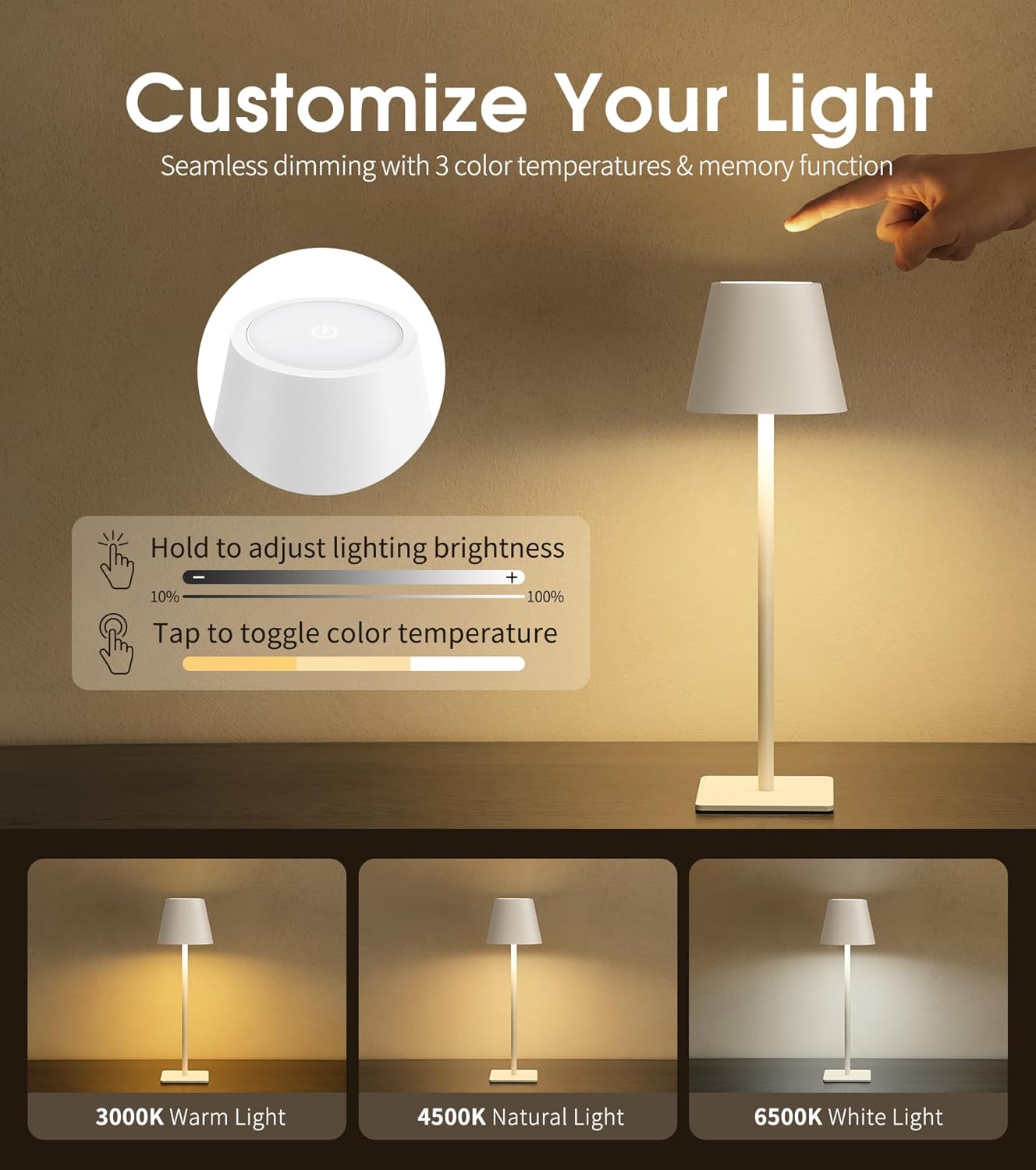 UME 3 Pack Cordless Table Lamp, Battery Operated Lamp - Portable Waterproof Rechargeable Table Lamp w/ 3 Color Temps & Stepless Dimming for Dinner, Desk, Cafe, Outdoor (White)