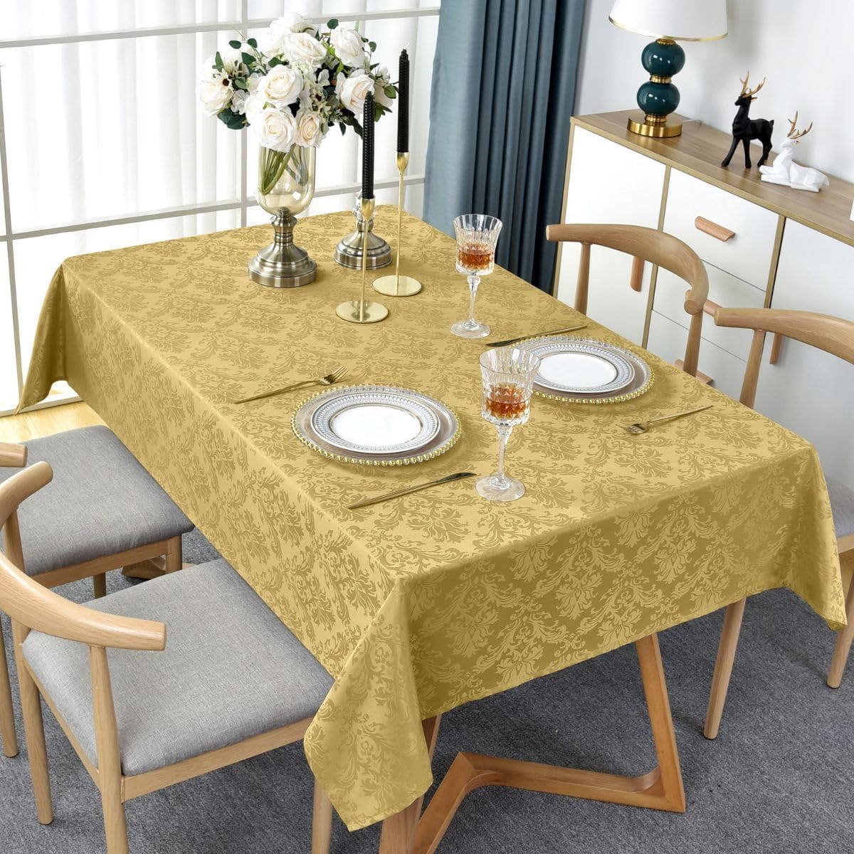 SASTYBALE Rectangle Jacquard Tablecloth - 60 x 120 Inch Spill Proof Wrinkle Resistant Damask Table Cloth, Soft Polyester Oblong Table Cover for Kitchen Parties Farmhouse, Gold