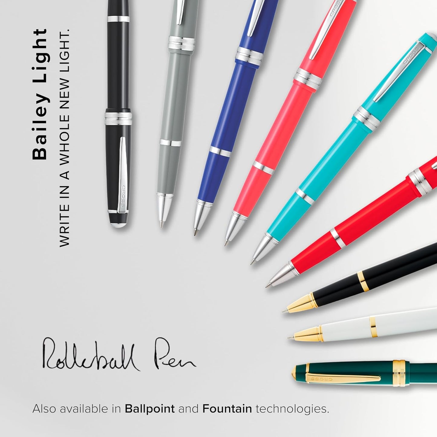 Cross Bailey Light Refillable Rollerball Pen Presented in a Everyday Gift Box - Medium Point, Black Ink, Polished Blue