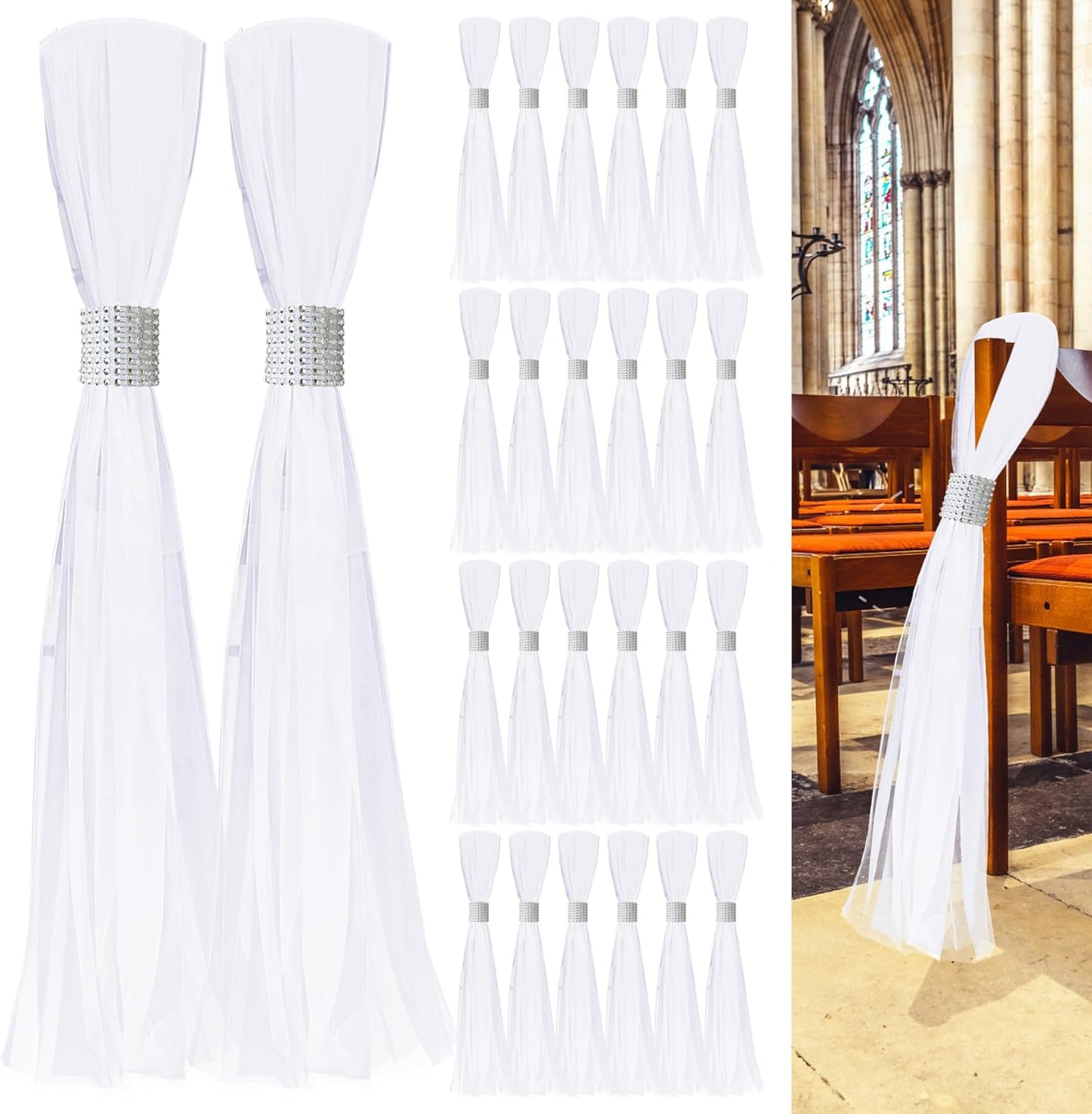 26 Sets Large White Pew Bows Tulle Wedding Aisle Chair Decorations, Extended Church Pew Decor Aisle Flowers Runner for Weddings Ceremony Outside Decorations(Silver)