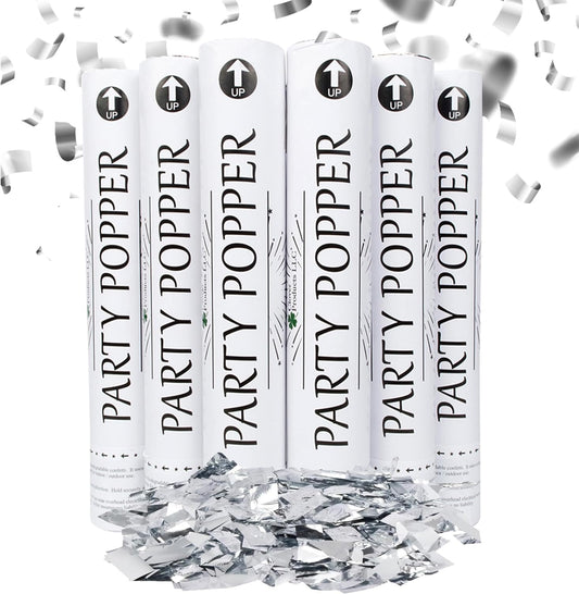Confetti Cannon 12" – 6 Pack Silver Mylar Confetti Poppers | Party Poppers for Weddings, Birthdays, Graduations & Events | Air-Powered, Safe & Easy to Use | Shoots 25 Feet Indoor & Outdoor