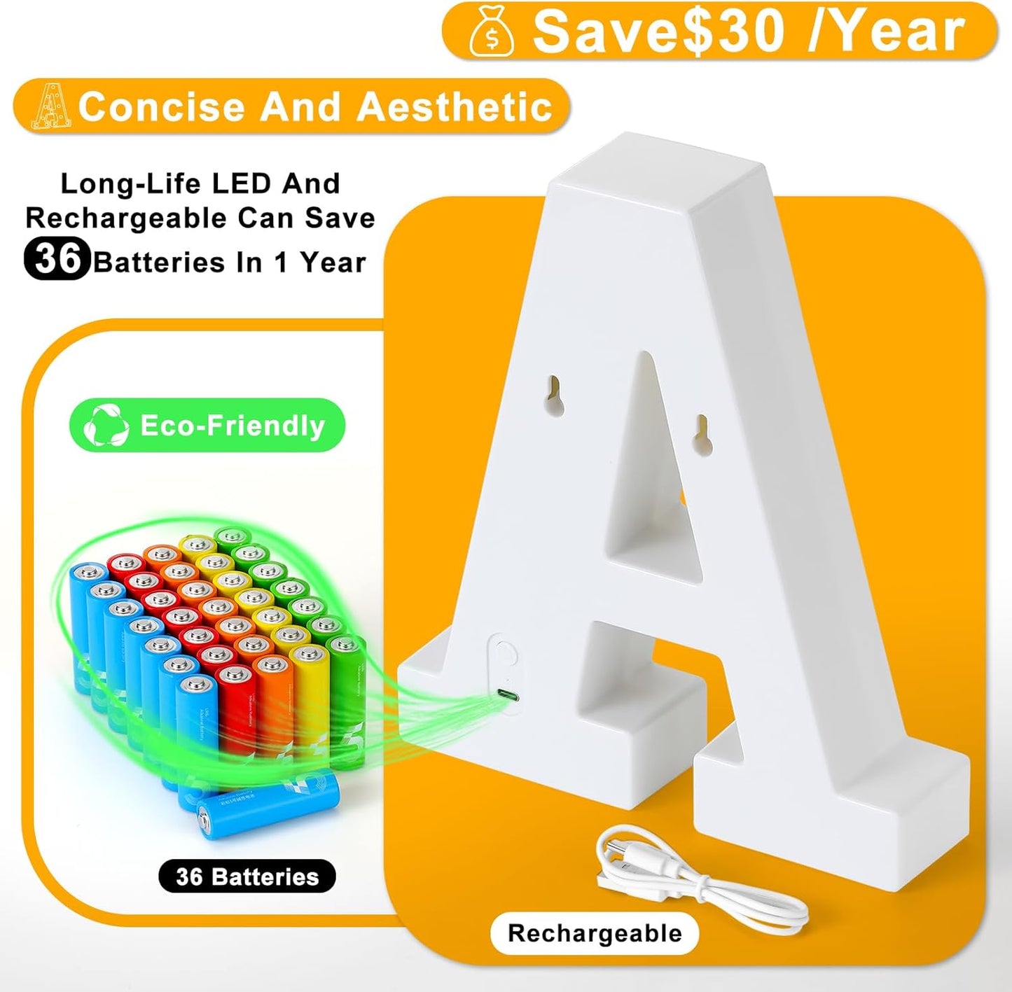 Foaky Rechargeable LED Letter Lights Sign Marquee Light Up Letters Sign for Night Light Wedding/Birthday Party Christmas Lamp Home Bar Decoration (W)