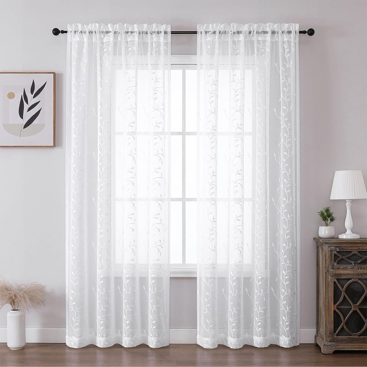 VISIONTEX White Sheer Voile Curtains, Decorative Leaves Embroidery Faux Linen Rod Pocket Window Drapes for Home Kitchen, Living Room and Bedroom 54 x 95 Inch, Set of 2 Curtain Panels