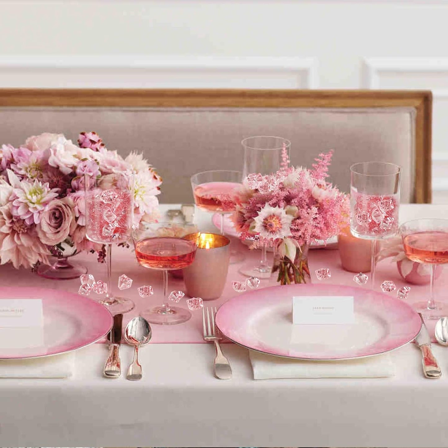 HappyFiller 15 OZ Pink Faux Ice Rocks 170 PCS Fake Crystal Cubes Stones Acrylic Gem for Glass Vase Fillers,Floral Display,Wedding Centerpieces,Party Deecor,Crafts,Table Scatter,Home Decoration