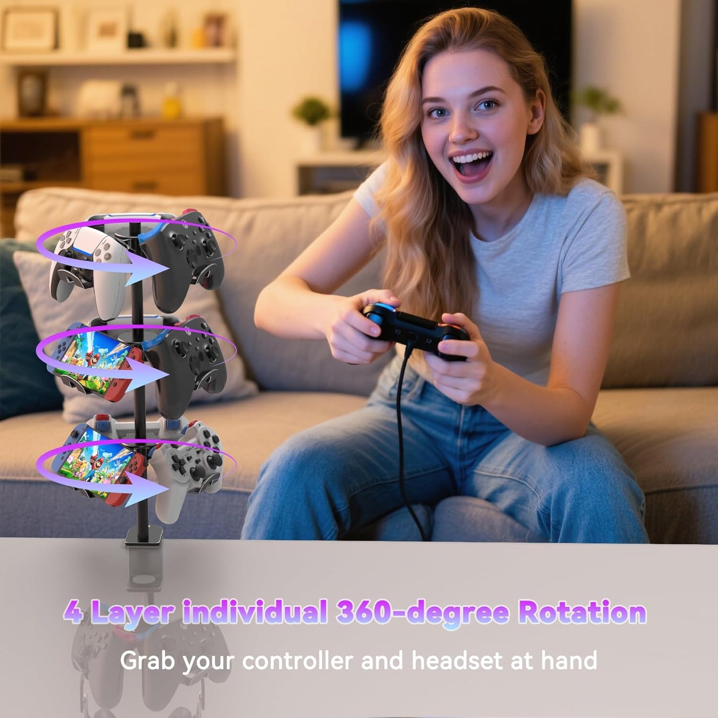 Rotatable 4 Tier Desk Clamp Controller Headset Stand, Universal Under Desk Controller Holder Rack for PS5 Xbox Nintendo Switch PC PS4, Aluminum Gaming Headphone Hanger, Black