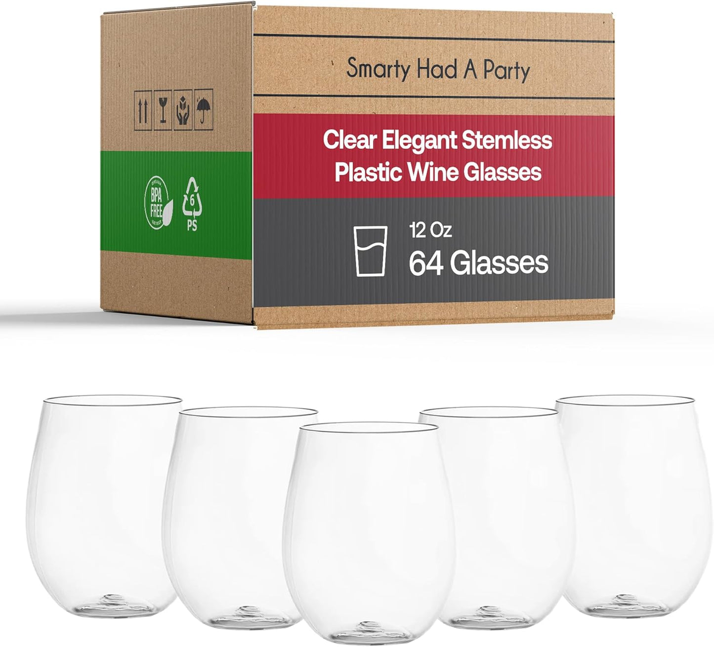 Smarty Had A Party 12 oz Clear Plastic Stemless Wine Glasses (64 Pieces) – Classy Disposable Stemless Cups, Unbreakable Drinkware – Plastic Spritz Glasses for Weddings & Parties; Wine Party Supplies