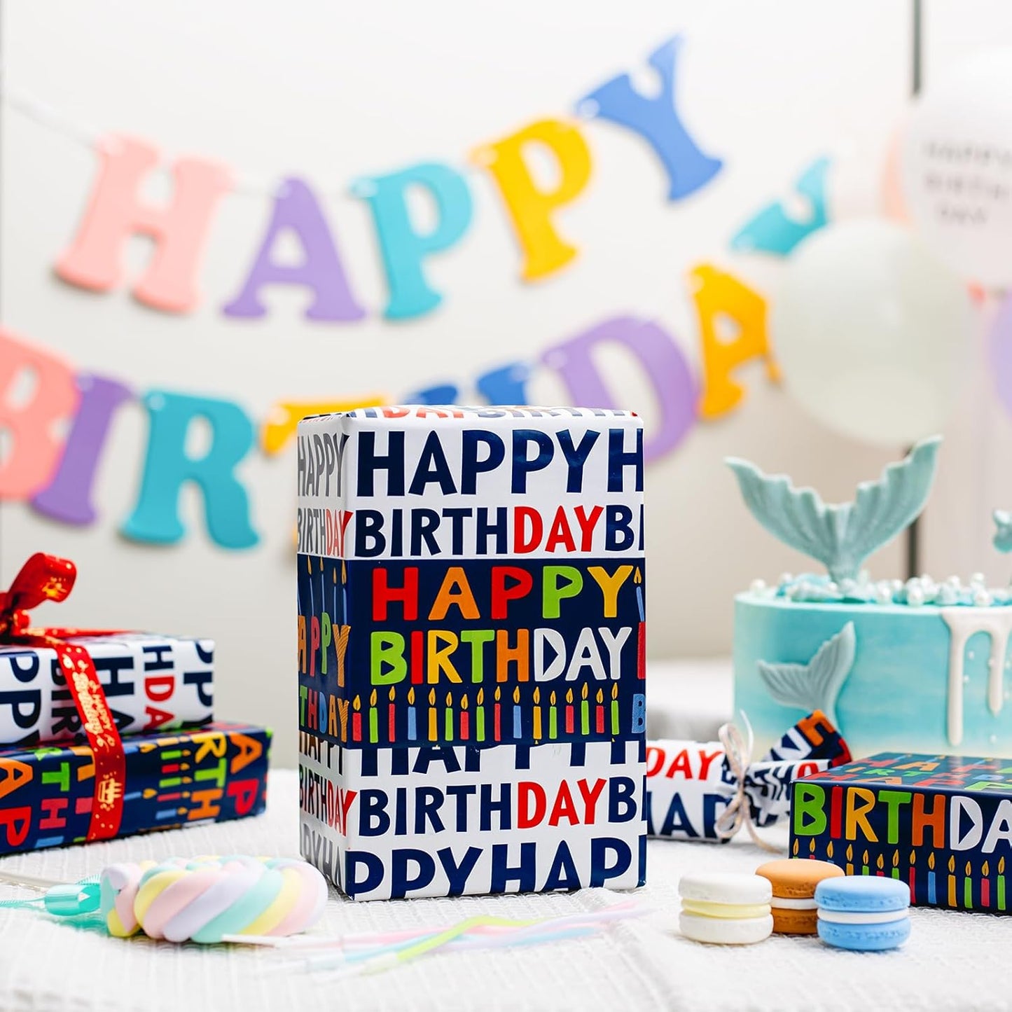 Birthday Wrapping Paper Roll - 30 Inch X 33 Feet - Reversible Metallic Foil Navy Blue Party Hat Theme Boy Gift Wrap Paper Blue Polka Dot Men Present Sheet for Kid Birthday, Party, Holiday, Celebration