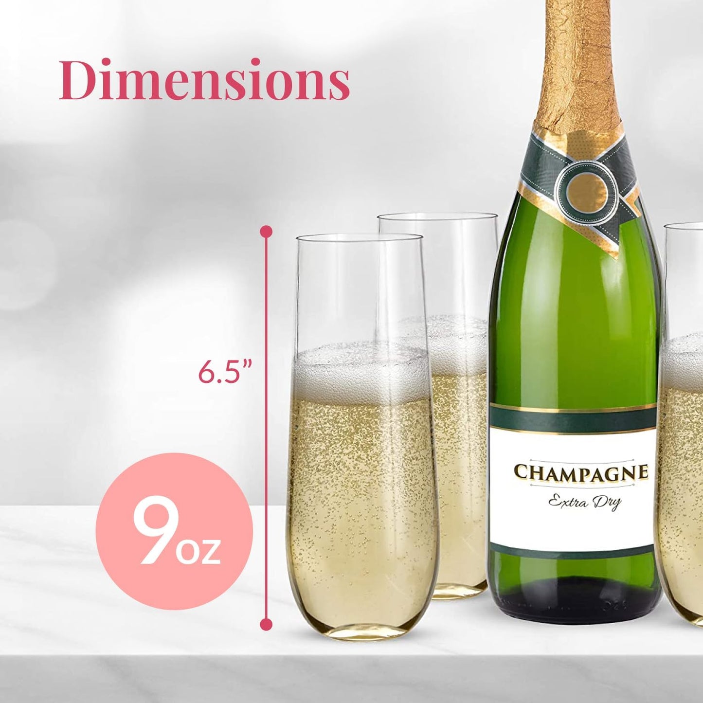 Prestee 24-Pack Stemless Plastic Champagne Flutes - 9 oz Clear Disposable Glasses for Wine, Cocktails, Mimosas - Champagne Flutes Plastic for Parties and Celebrations