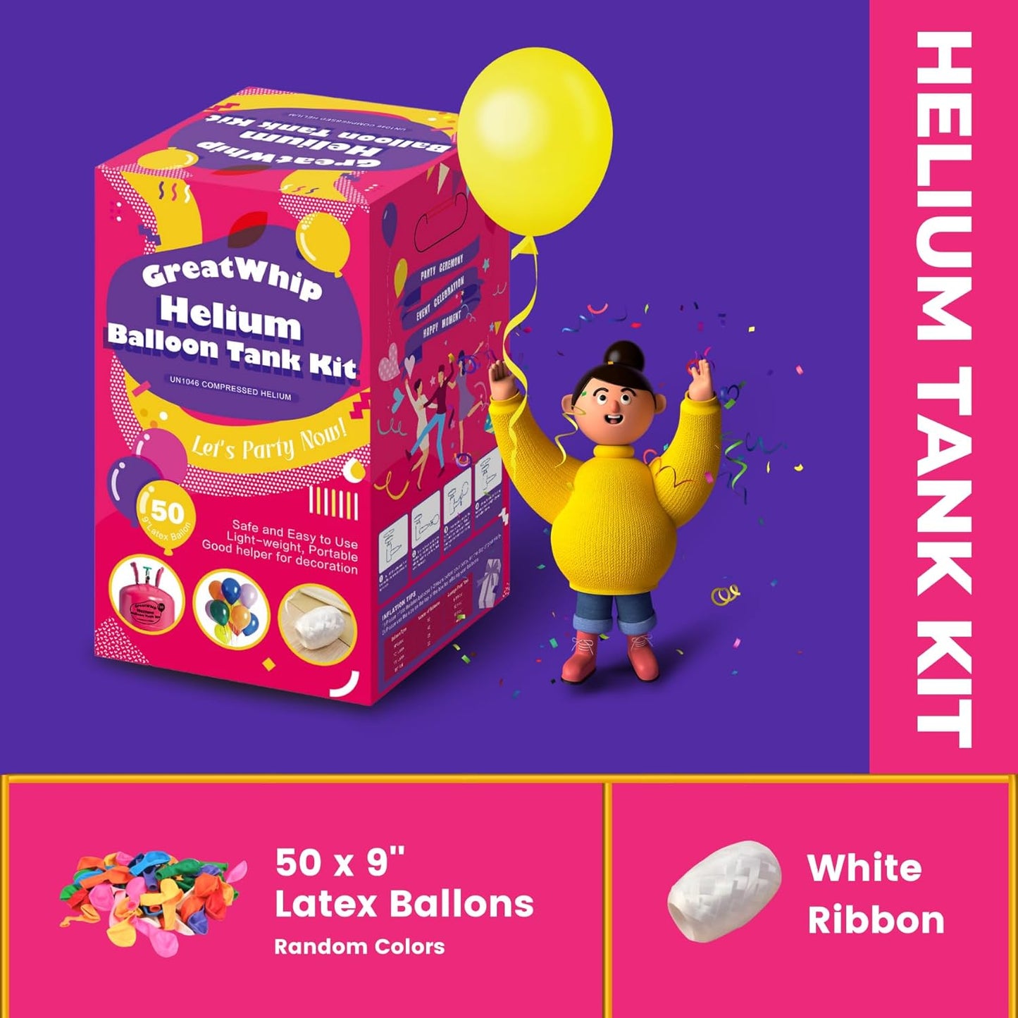 GreatWhip 13L Helium Tank Up To 50 Latex Balloons, 50 Pink Latex Balloons And Ribbons Included. (2 Boxes)