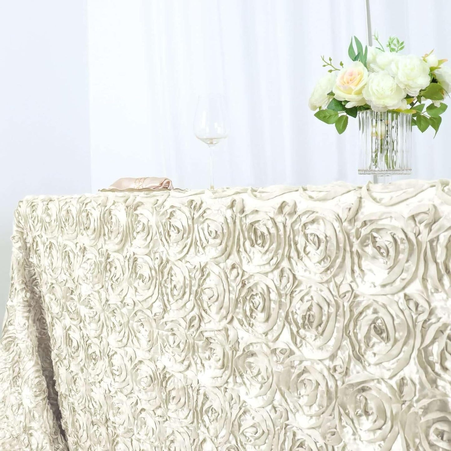 Efavormart 90"x156" Wholesale Rectangle Table Cover Ivory Grandiose Rosette 3D Satin Tablecloth for Wedding Party Event Decoration