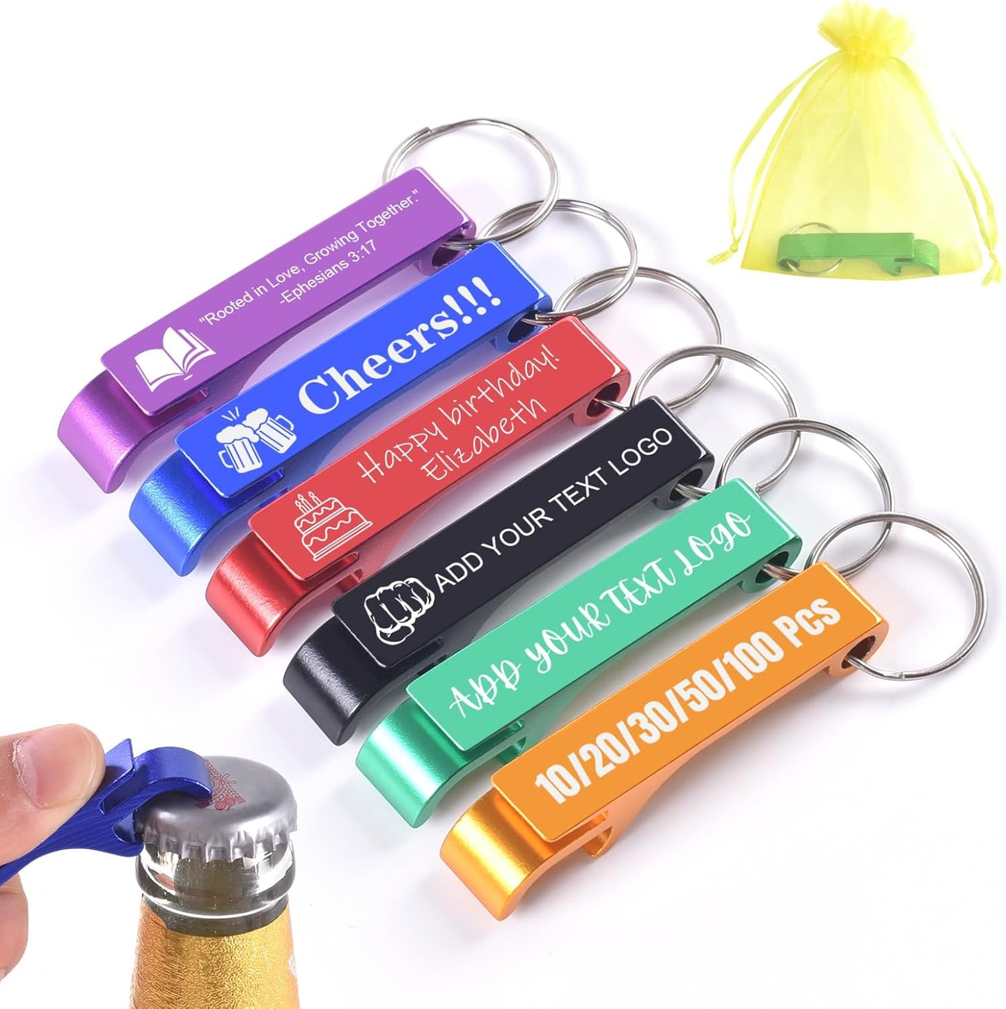 Custom Bottle Opener Keychain - Bulk Personalized with Text/Logo/Photo - Perfect for Corporate Gifts, Birthday Favors, Weddings (10-500 Pcs)