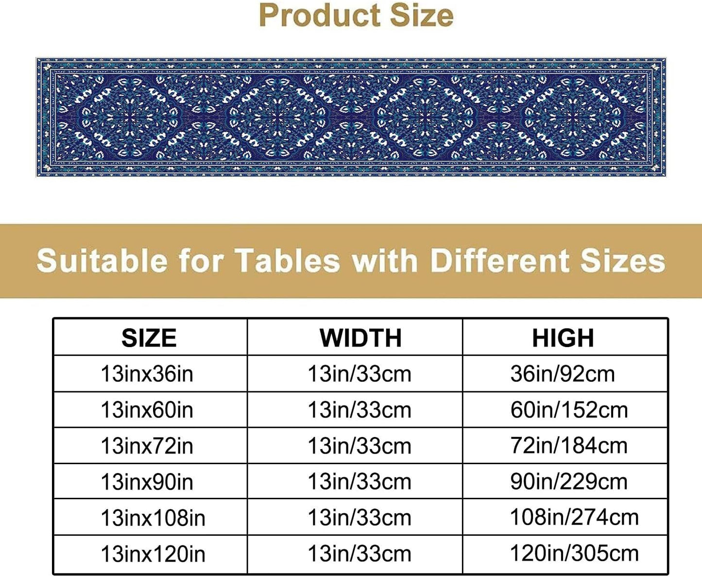 Boho Floral Vintage Table Runner, Retro Morris Abstract Blue Flower Rustic Country Farmhouse Pattern for Home Kitchen Table Decor Dining Coffee Room Wedding Party Decor 13x90in