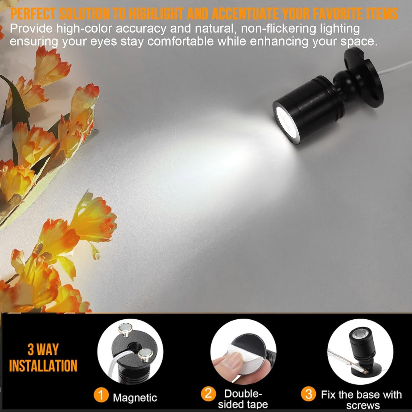 Taysing LED Spot Light Indoor Little Mini Spotlight Accent Lights for Display, Paintings, Pictures, Plants, Jewelry, Shelves, Cabinets, Posters, Showcase(Cold White 4 Pack Dimming&Timing)