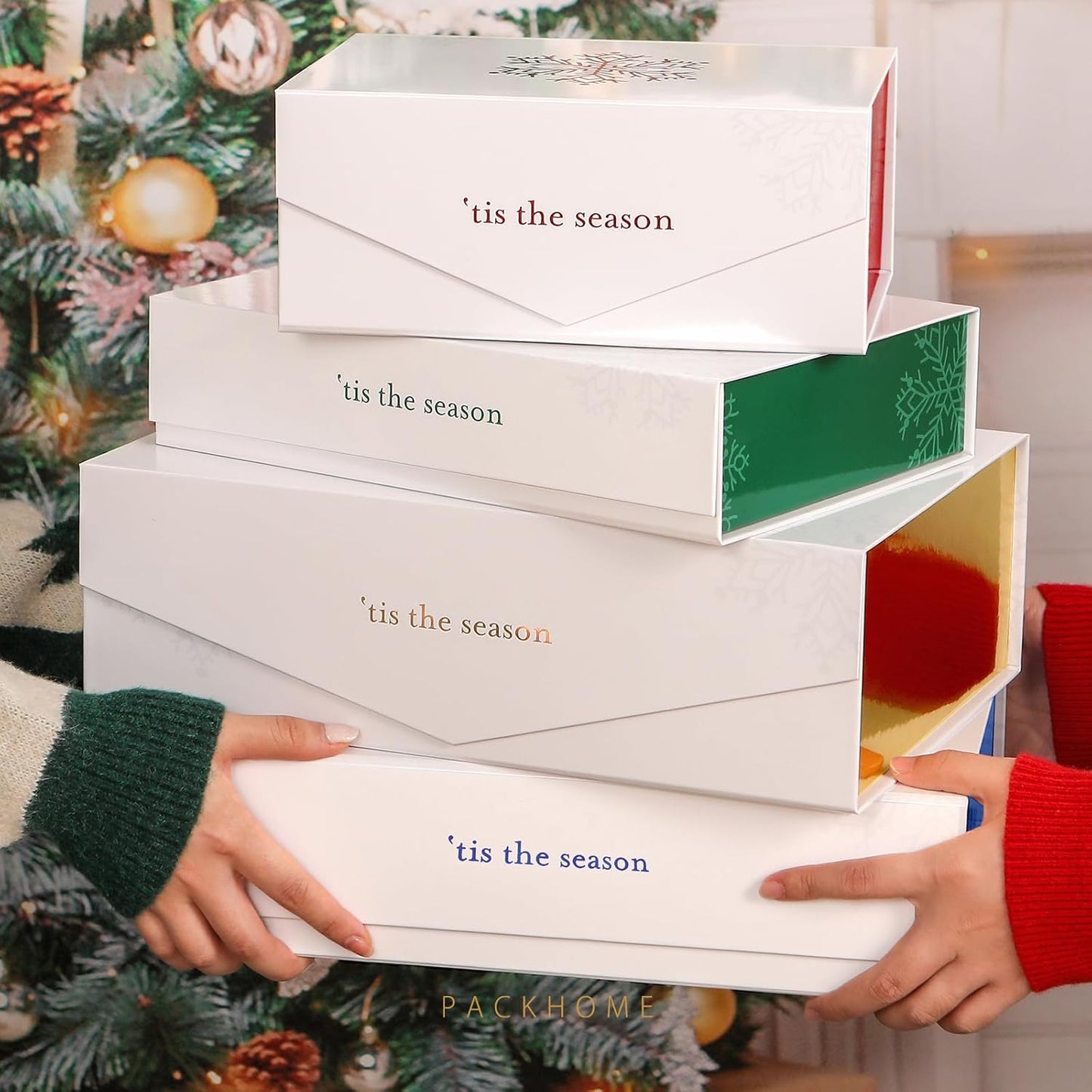 PACKHOME 6 Christmas Gift Boxes 13x9.7x3.4 Inches, Large Gift Boxes with Lids, Sturdy Shirt Boxes with Magnetic Lids for Wrapping Gifts (Red Snowflake Pattern)