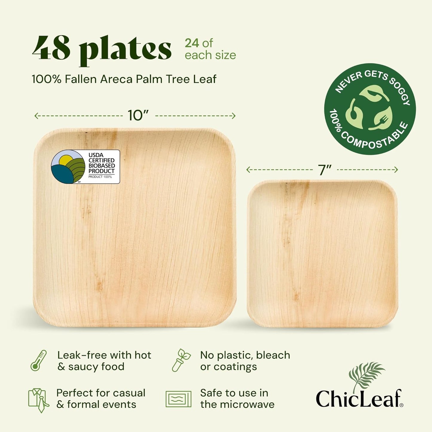 Chic Leaf Compostable & Biodegradable Palm Leaf Disposable Bamboo Plates - Disposable Party Plates for Appetizers - Camping Essentials - Reusable Party Supplies (10 & 7 Inch Square)