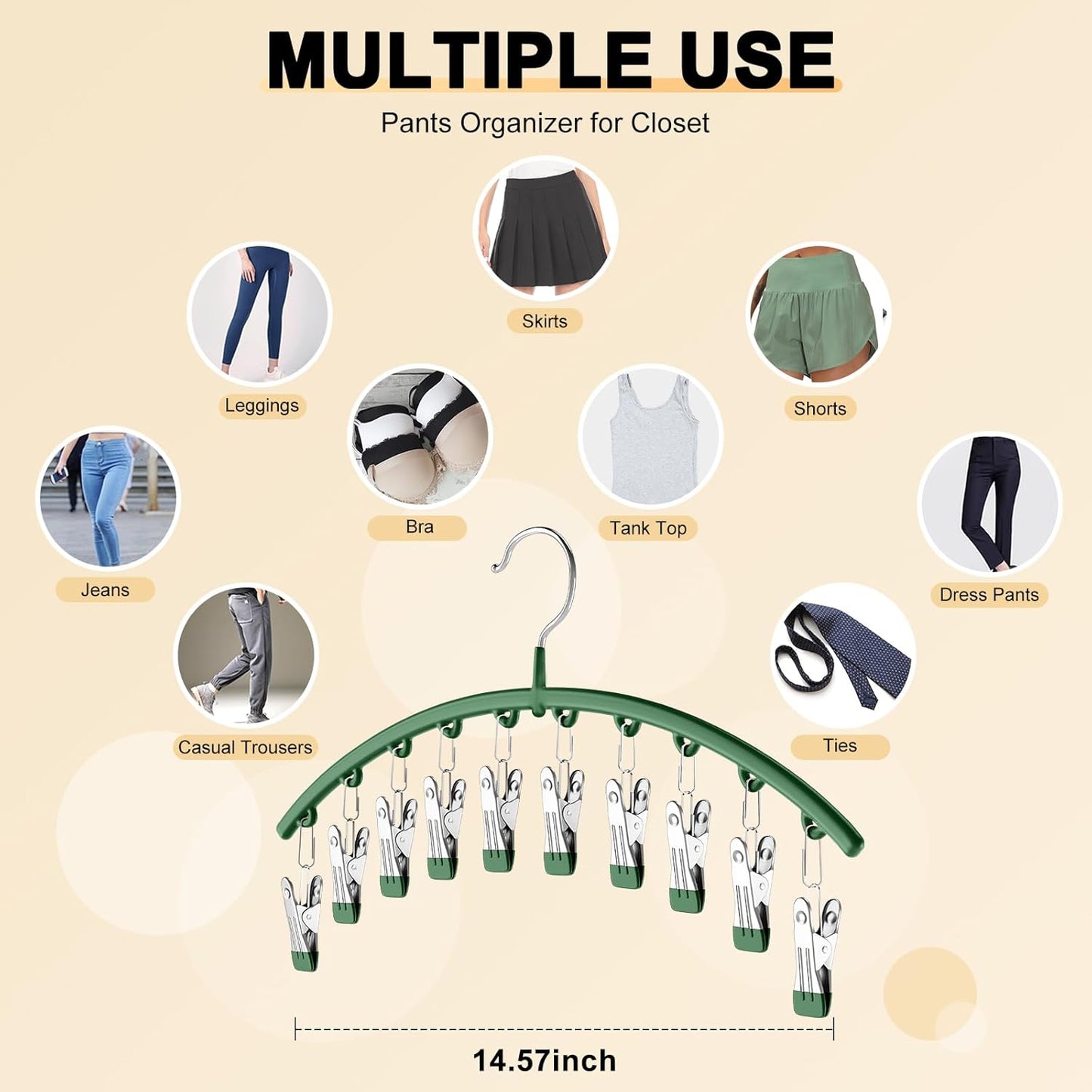 Legging Organizer for Closet, Metal Yoga Pants Hangers 2 Pack w/10 Clips Holds 20 Leggings, Space Saving Hanging Closet Organizer w/Rubber Coated Closet Organizers and Storage, Green