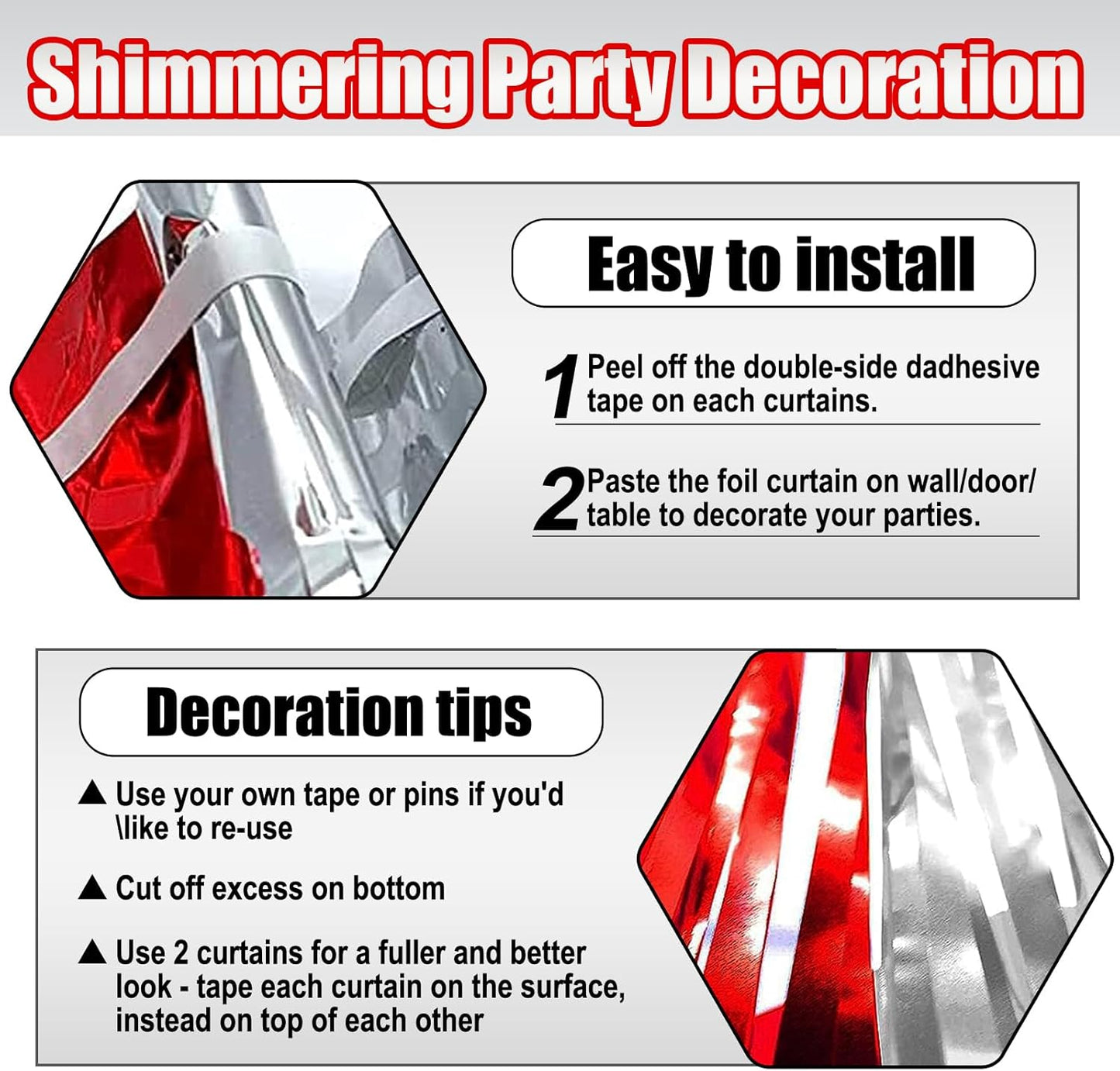 3 Pack Red Silver Foil Fringe Curtain Backdrop, 3.28Ft x 8.2Ft Metallic Tinsel Foil Fringe Streamer Curtains for Photo Booth, Teachers' Day, Halloween, Birthday, Wedding Party Decorations