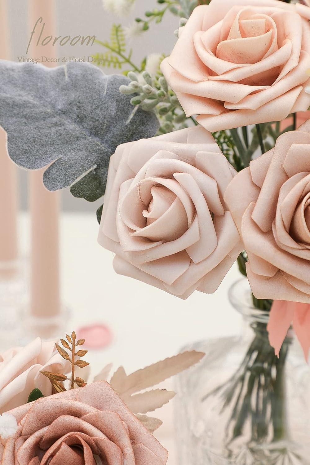 Floroom Artificial Flowers 25pcs Real Looking Warm Taupe & Nude Foam Fake Roses with Stems for DIY Wedding Bouquets Bridal Shower Centerpieces Floral Arrangements Party Tables Home Decorations