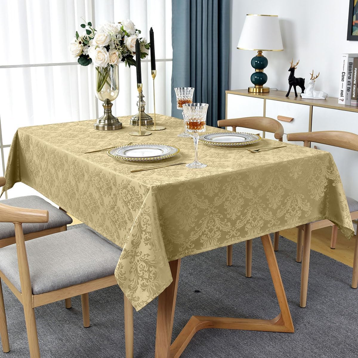 SASTYBALE Jacquard Tablecloth Rectangle 60 x 84 Inch, Spill Proof Wrinkle Free Damask Table Cloth, Soft Polyester Table Cover for Dining, Party, Indoor, Outdoor, Gold