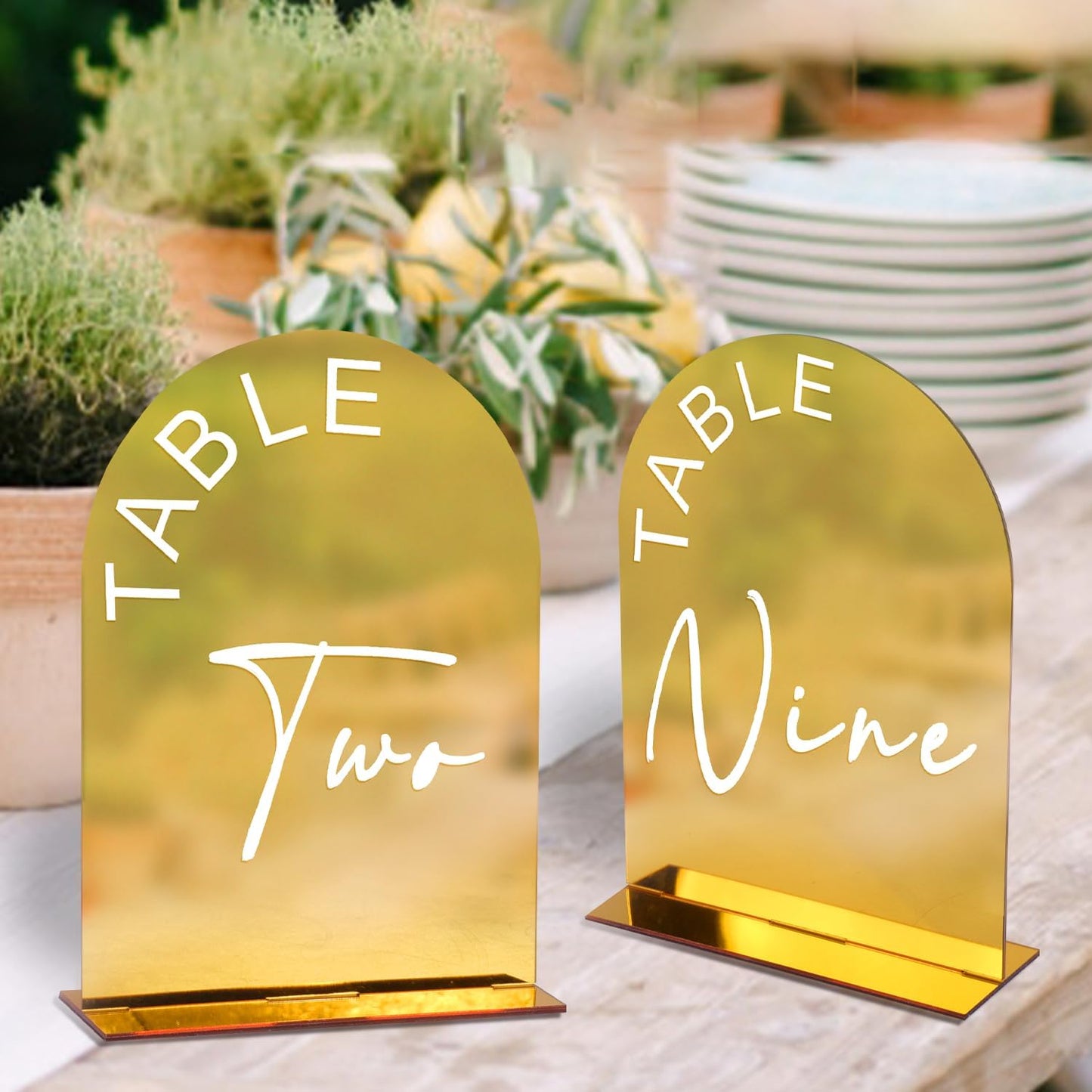 Gold Mirror Arch Wedding Table Numbers 1-10 with Stands, 5x7 Inch Acrylic Arch Sign with Holder for Wedding Reception Table Centerpiece Decoration(Gold Mirror)
