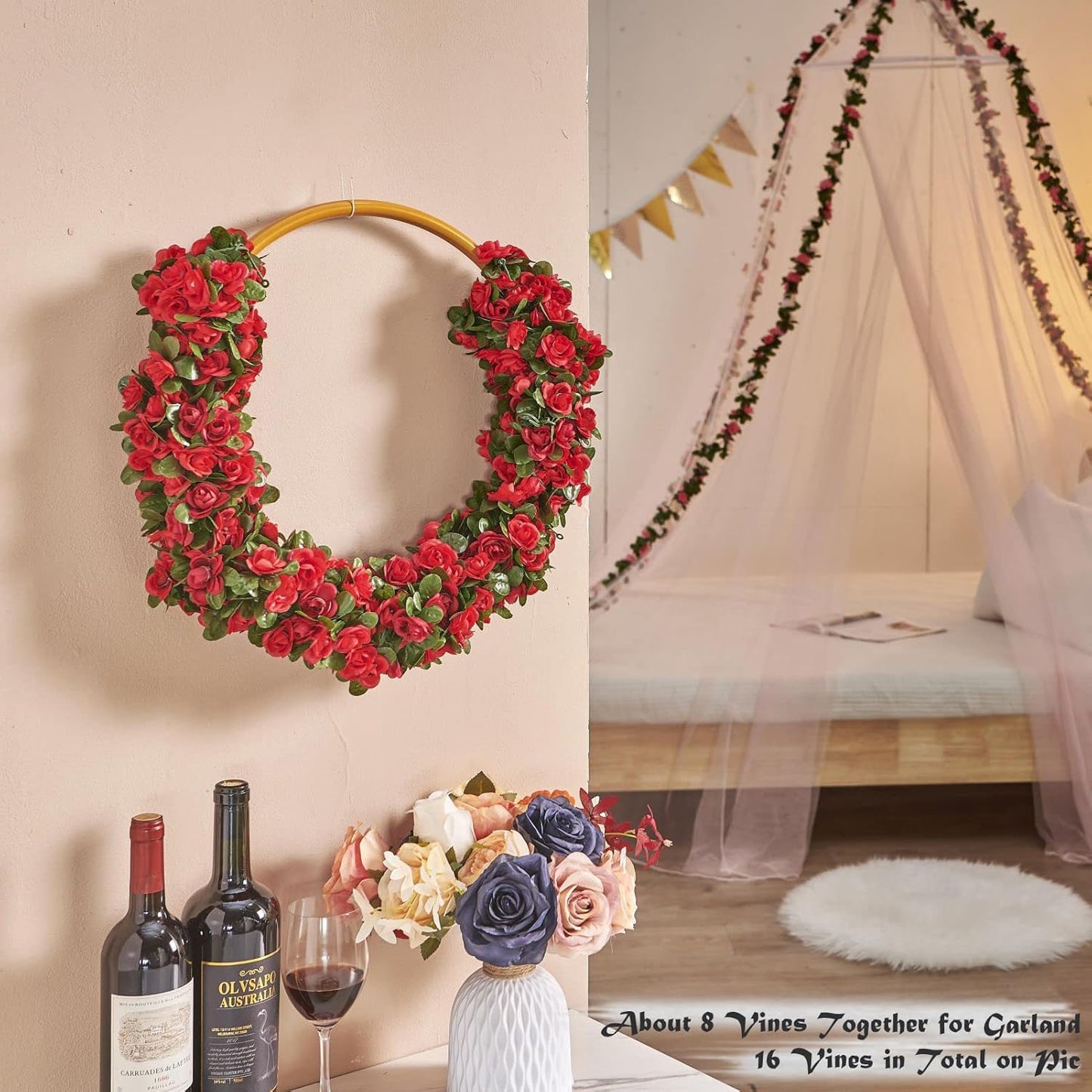 8 Pcs x 8.2 ft Flower Garland Artificial Rose Vine Flowers with Green Leaves Hanging Fake Roses Vine for Room Party Home Wedding Birthday Christmas Wall Arch Decor, Spring Red Flower