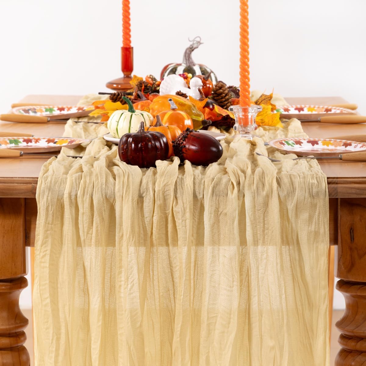 Champagne Gold Cheesecloth Table Runner 10 Pack Fall Table Runners Boho Gauze 120 Inches Champagne Cheese Cloth Fall Table Decorations for Thanksgiving Wedding Bridal Baby Shower Parties