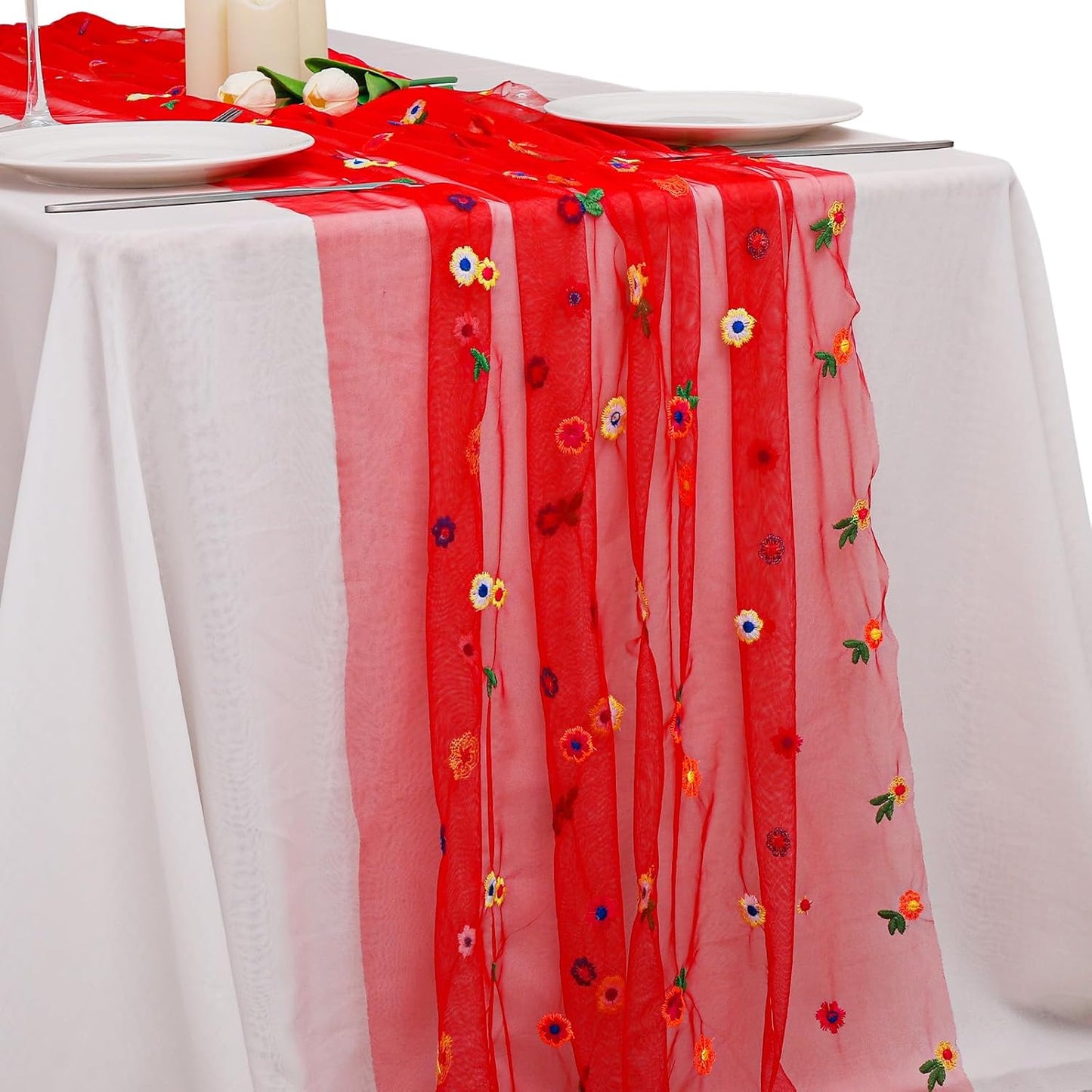 BINBE 1pcs Daisy Fall Table Runner Embroidery Gauze 10FT Florals Seasonal Tulle Holiday Birthday Kitchen Dining Table Decor for Home Party Red