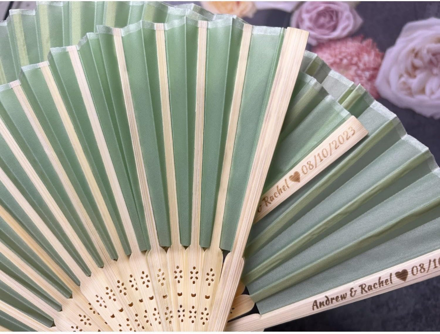 Personalized Wedding Fans Handheld Folding Fans (40Pcs) - Custom Engraved Green Silk Fans for Bridal Shower Favor/Baby Shower Favor, Birthdays Party Gifts/Gifts for Party Guests