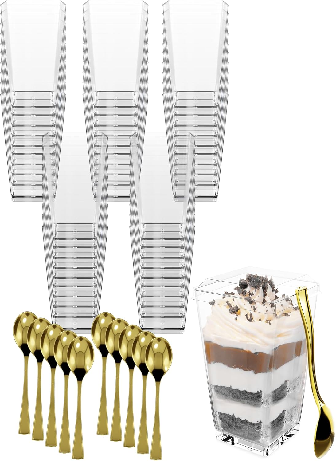 100 Pack 3 oz Mini Dessert Cups with Lids and Spoons (Gold Spoons) - Plastic Shooter Appetizer Parfait Cups with Lids Reusable - BPA Free Catering Supplies for Party - Dessert Serving Bowls